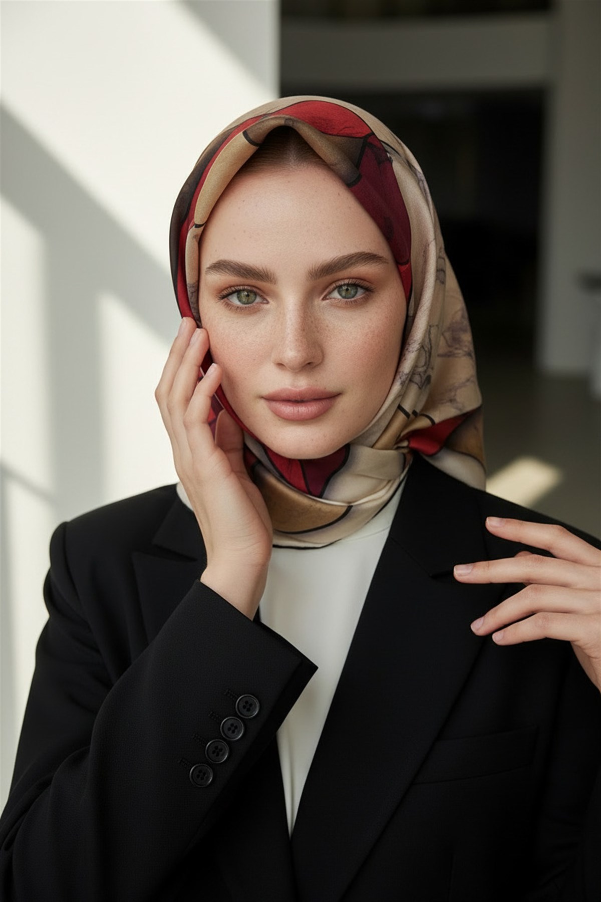 %100 Twill İpek Mermer Desenli Bordo - Bej Renkli 90x90 Eşarp Dikim Şekli : El Dikişi