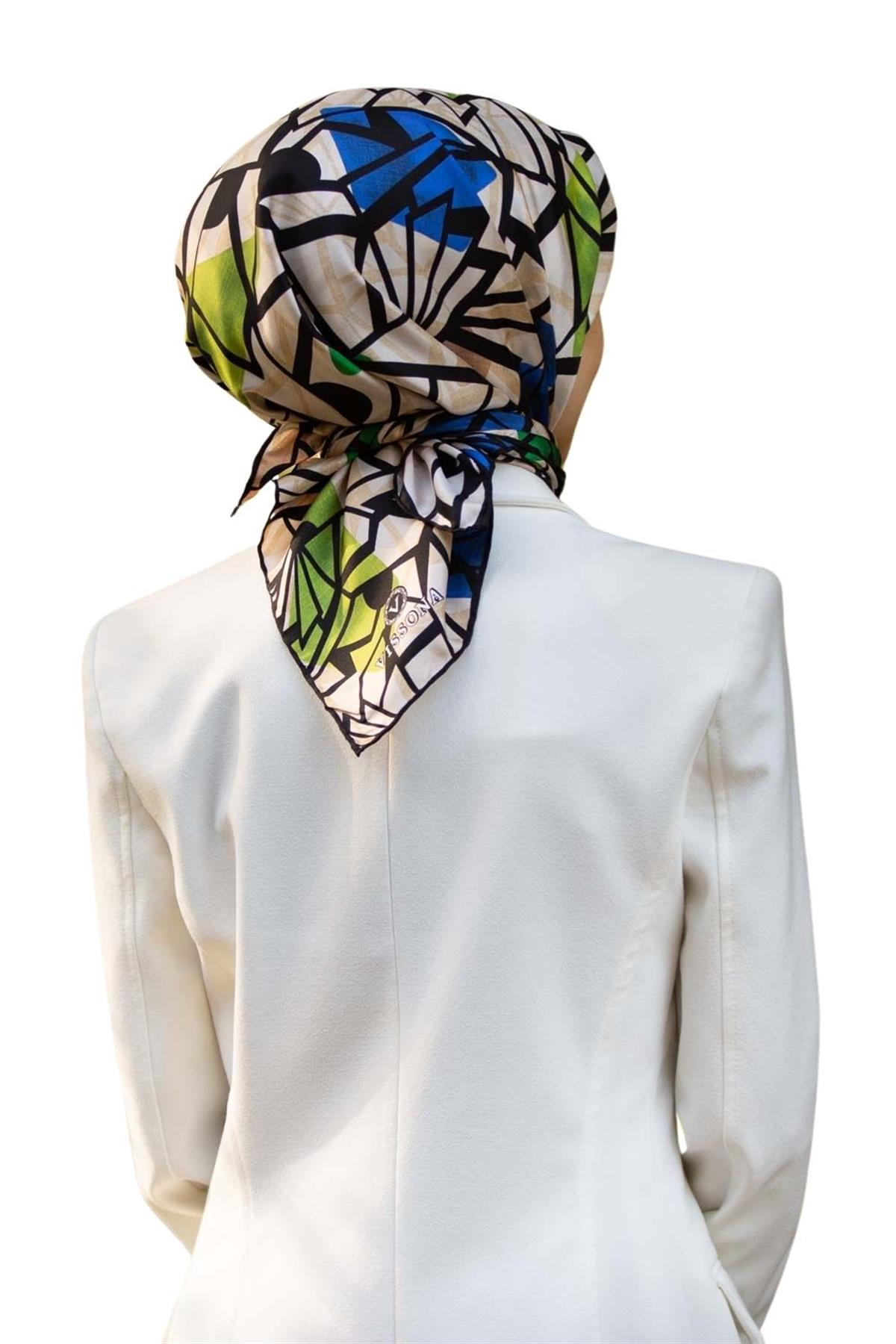 %100 Twill Renkli Petek Desenli Saks - Benetton Yeşili Renkli 90x90 Eşarp Dikim Şekli: El Dikişii