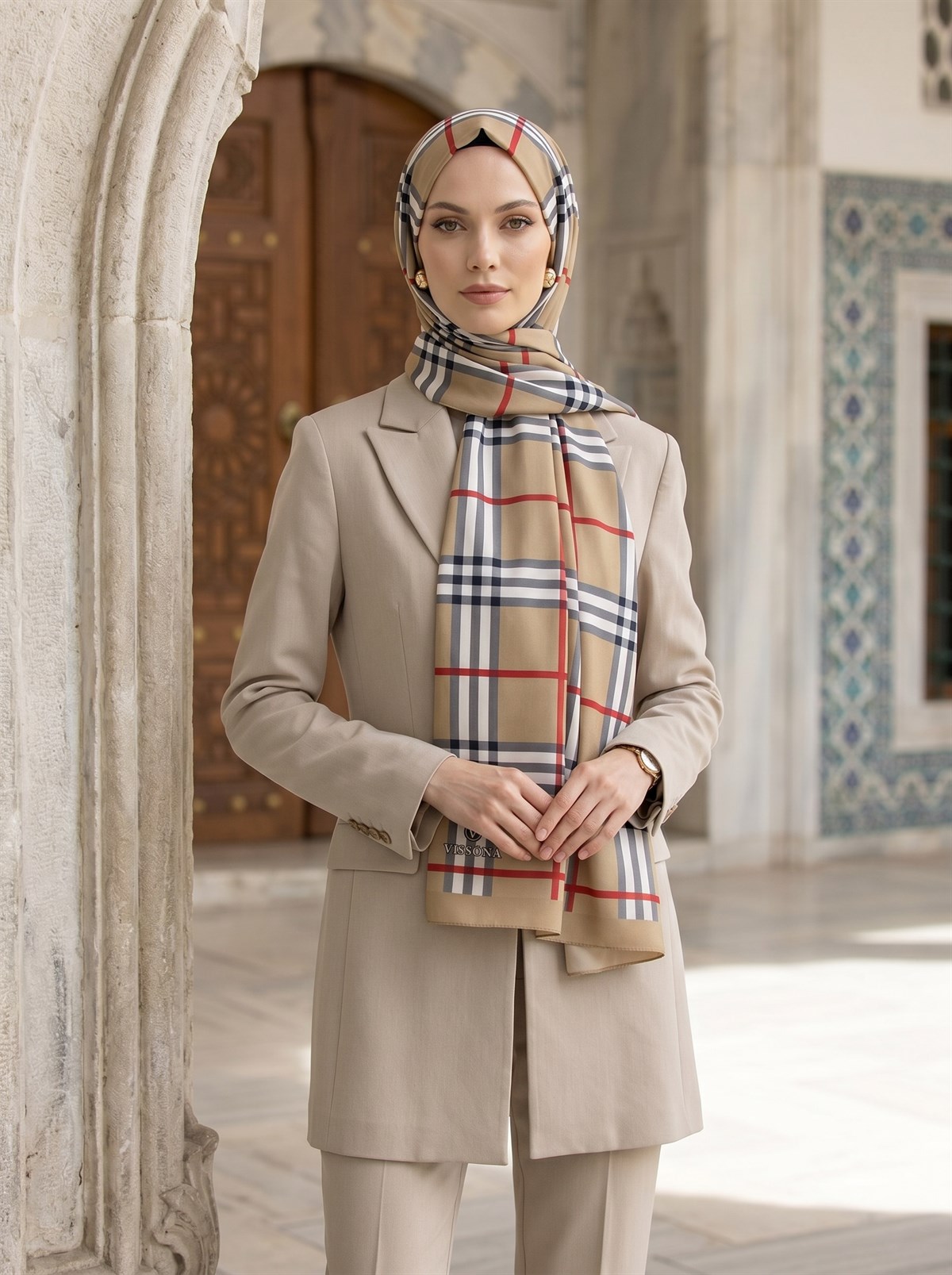 KREP EKOSE DESENLİ BEJ RENKLİ 75X195 KIRIŞMAZ ŞAL