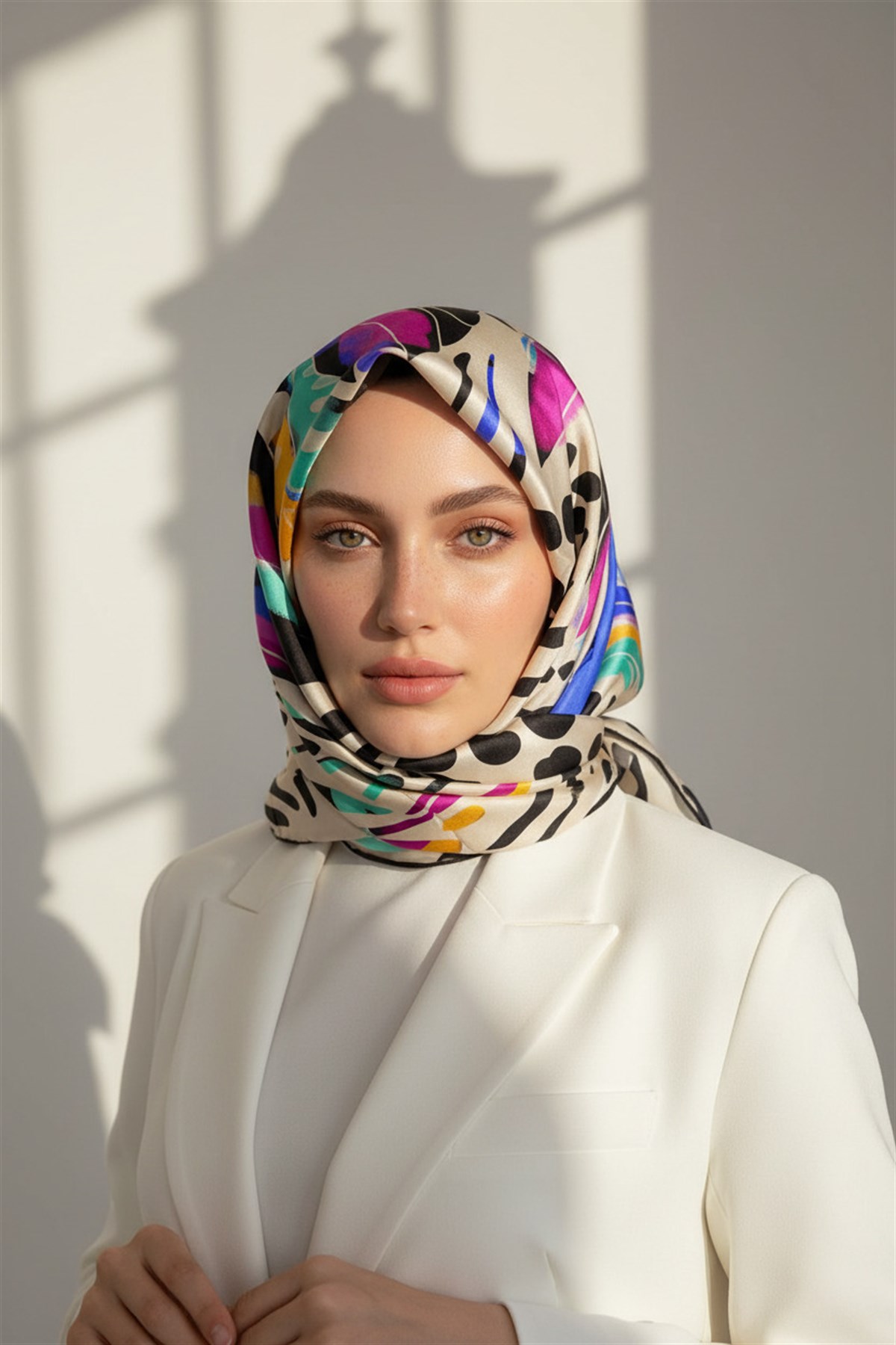 %100 Twill İpek Amazon Desenli Saks - Fuşya Renkli 90x90 Eşarp Kenar Dikiş Şekli El Dikişli