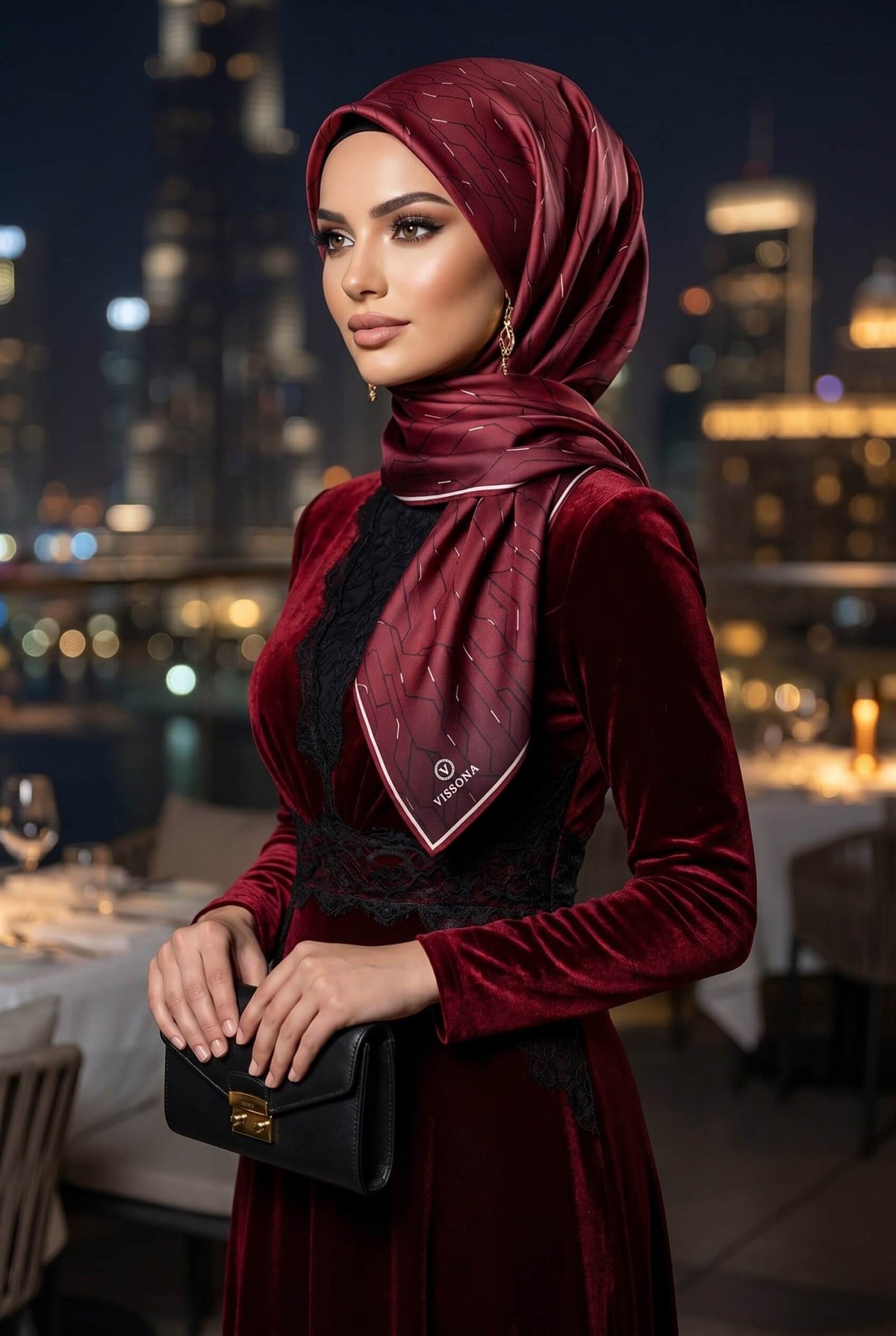 %100 Twill İpek Geometrik Desenli Bordo Renkli 90x90 Eşarp Dikim Şekli : El Dikişi