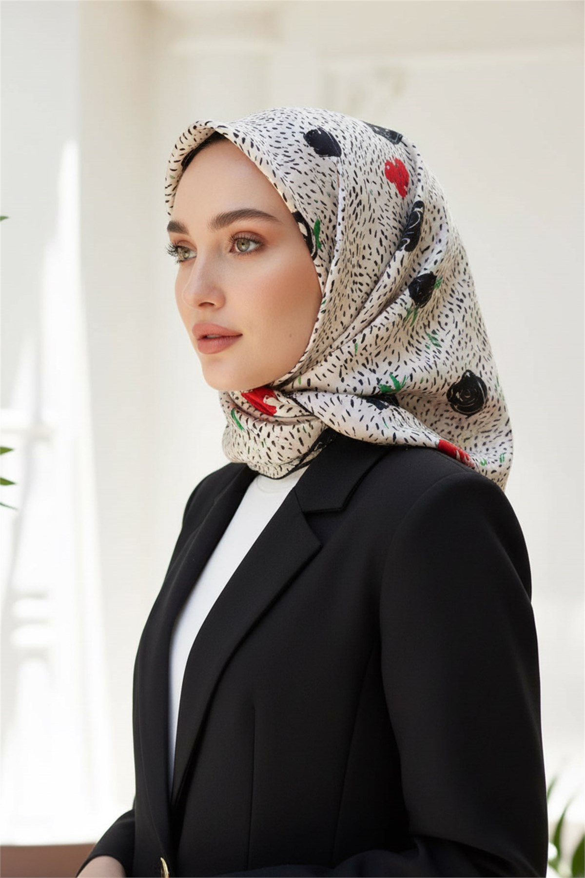 %100 Twill İpek Çıtır Çiçek Desenli Kırmızı - Krem Renkli 90x90 Eşarp Dikim Şekli : El Dikişi