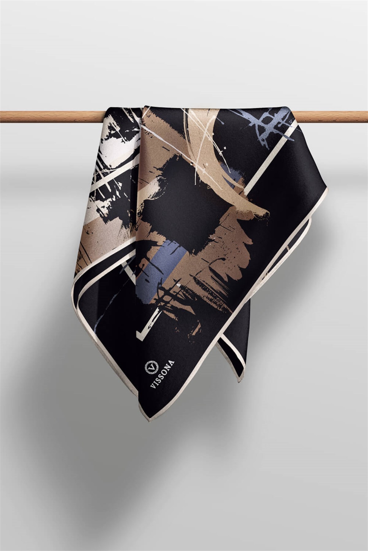 %100 Twill İpek Geometrik Desenli Bej - Gri Renkli 90x90 Eşarp Dikim Şekli : El Dikişi