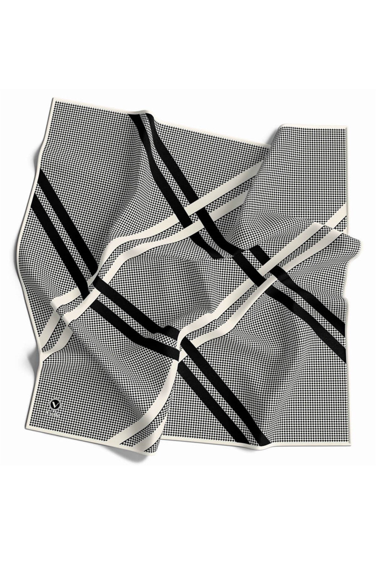 Twill Çizgili Pötikareli Çizgili Desenli Krem Renkli 90x90 Eşarp (İpek İçermez)