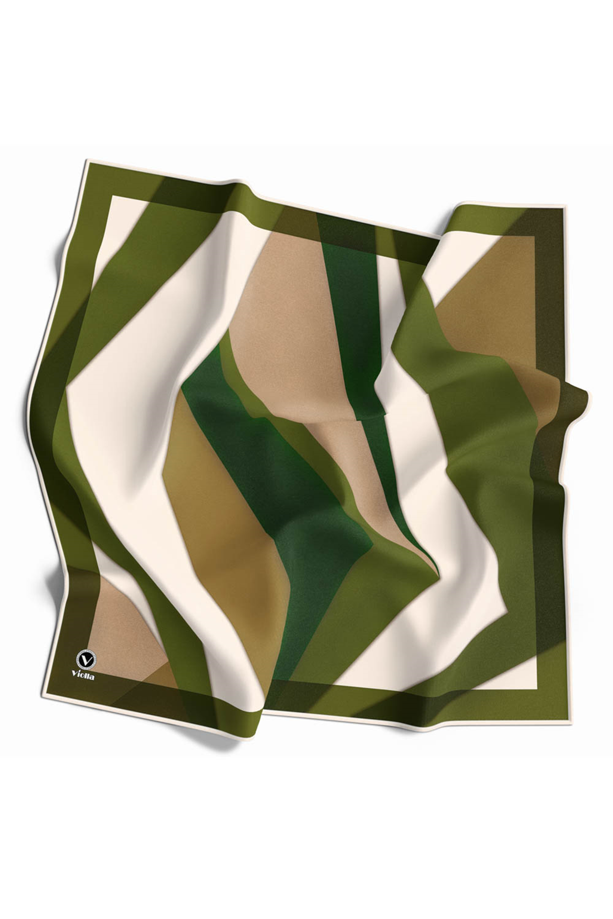 Twill Geometrik Desenli Haki Renkli 90x90 Eşarp (İpek İçermez) Dikim Şekli : El Dikişi