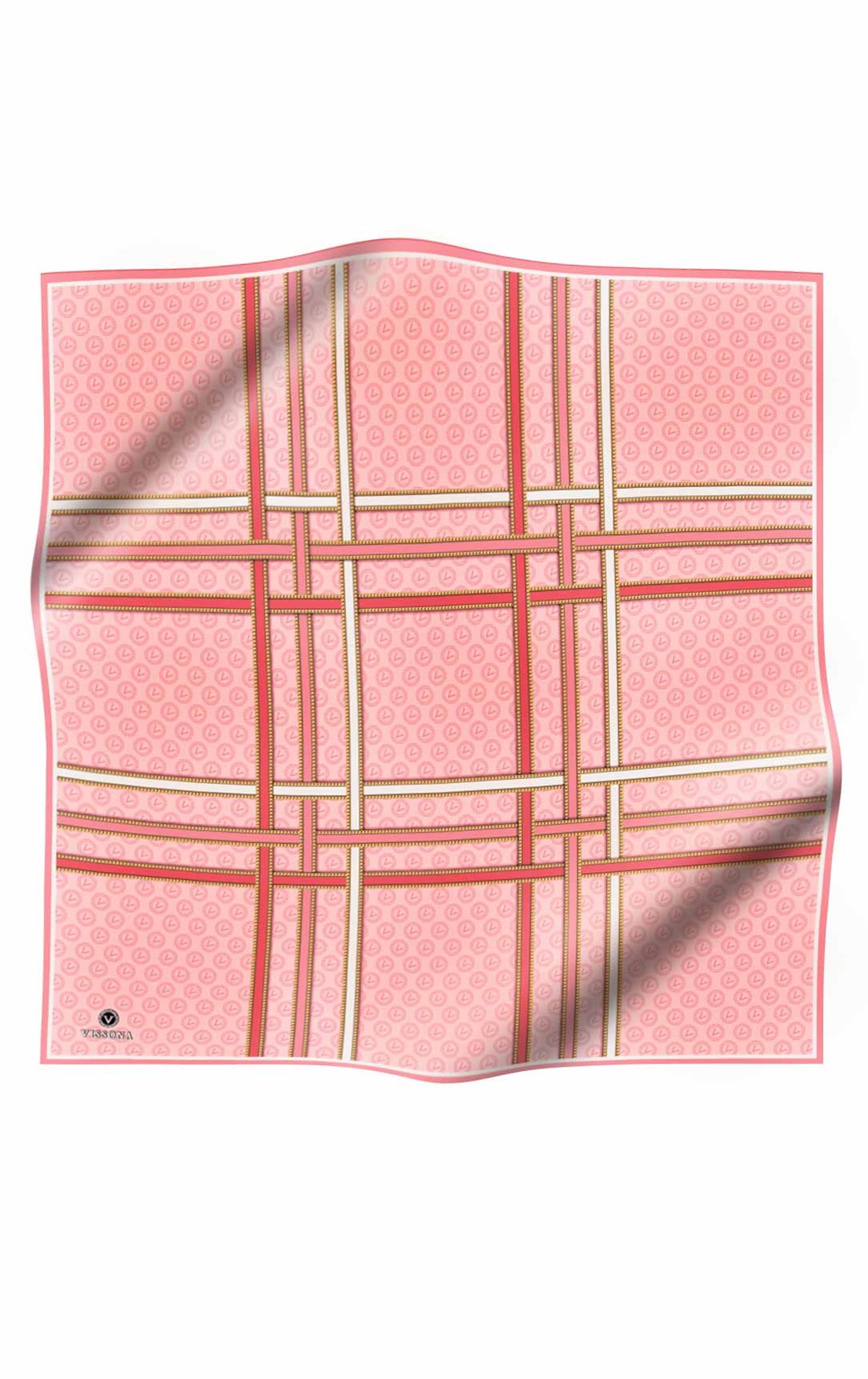 %100 Twill İpek Gold Şeritli Monogram Desenli Nar Çiçeği - Krem Renkli 90x90 Eşarp Dikim Şekli : El Dikişi