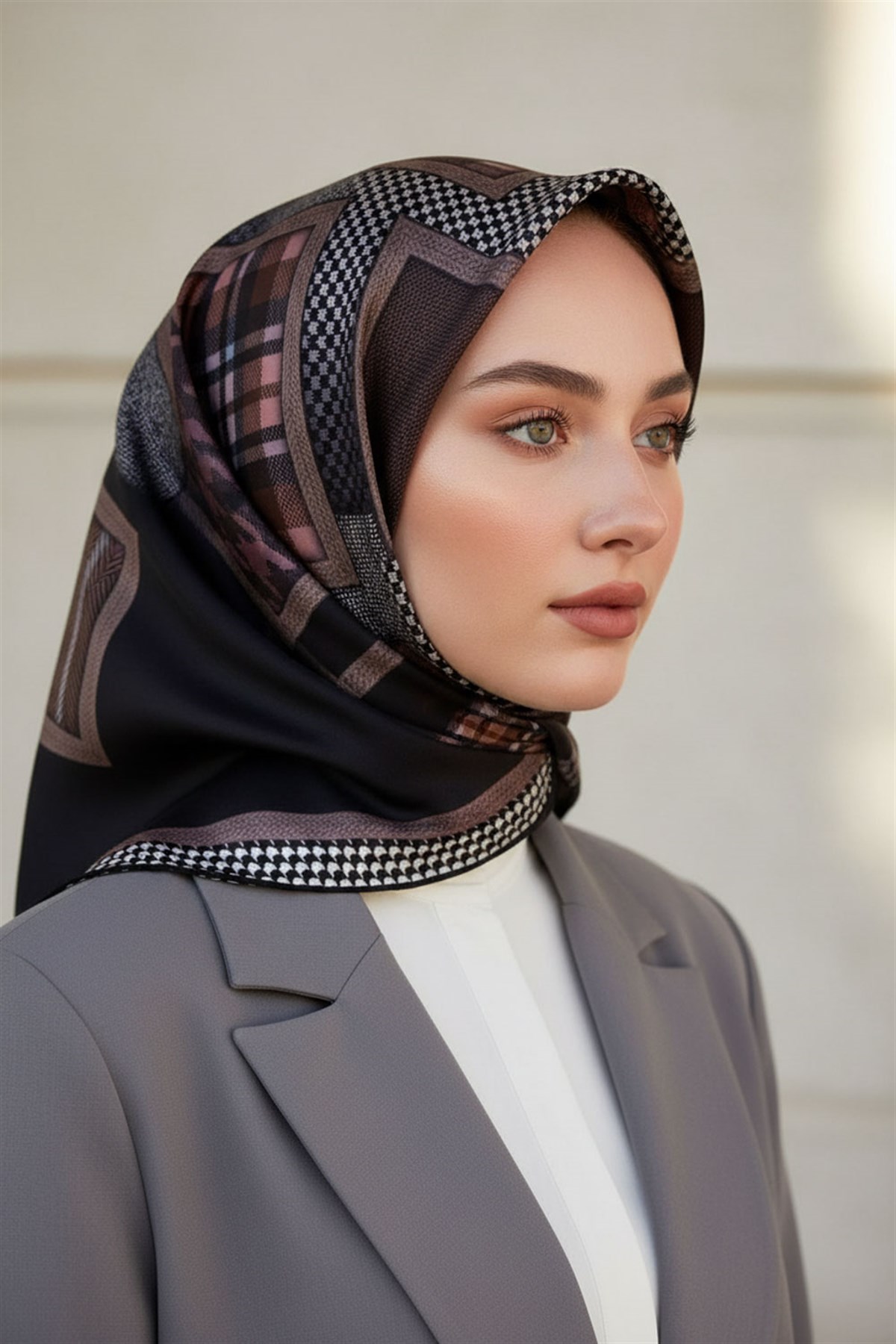 %100 Twill İpek Kazakayaklı Ve Ekose Desenli Siyah - Pudra Renkli 90x90 Eşarp Dikim Şekli : El Dikişi