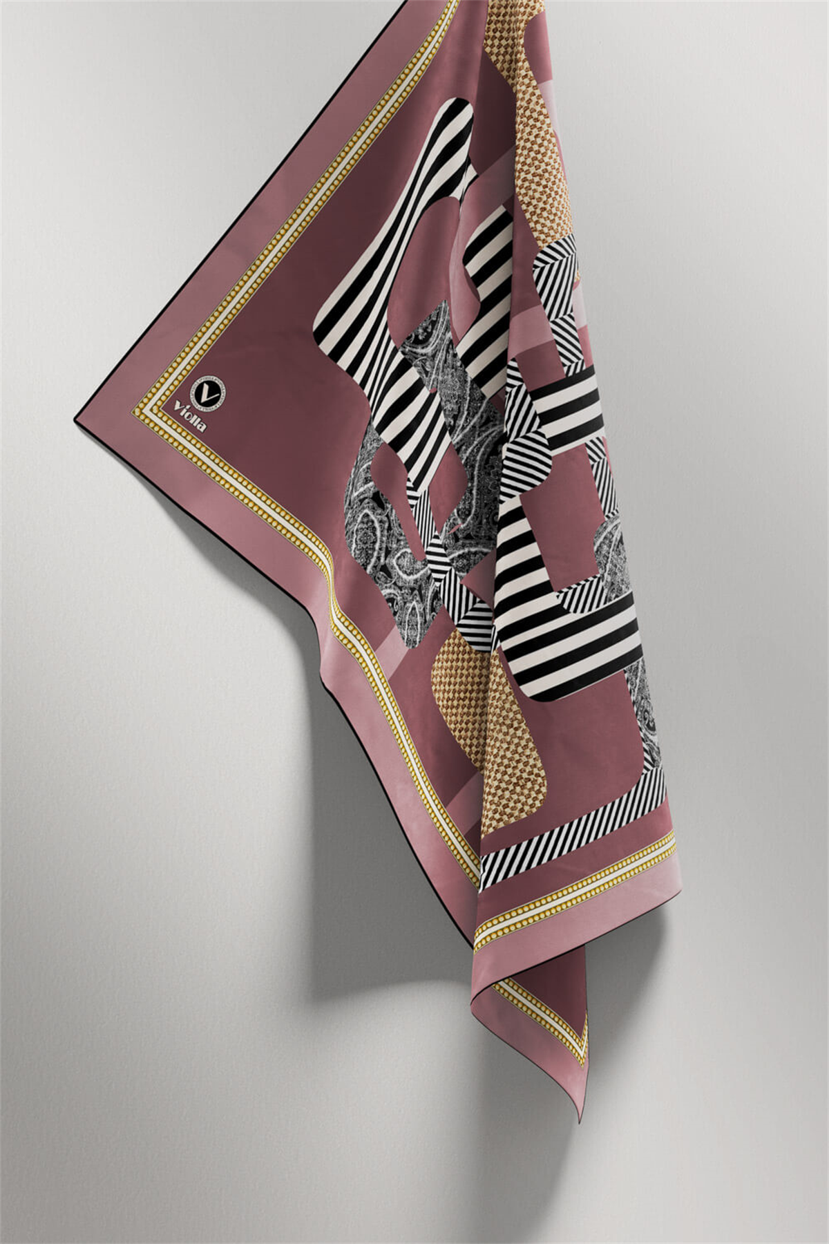 Twill Geometrik Desenli Pudra Renkli 90x90 Eşarp (İpek İçermez) Kenar Dikiş Şekli El Dikişli
