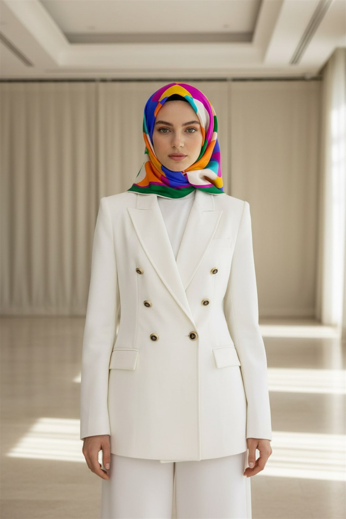 %100 Twill Renk Bloklu Çizgili Desenli Mor - Turuncu Renkli 90x90 Eşarp Dikim Şekli: El Dikişii