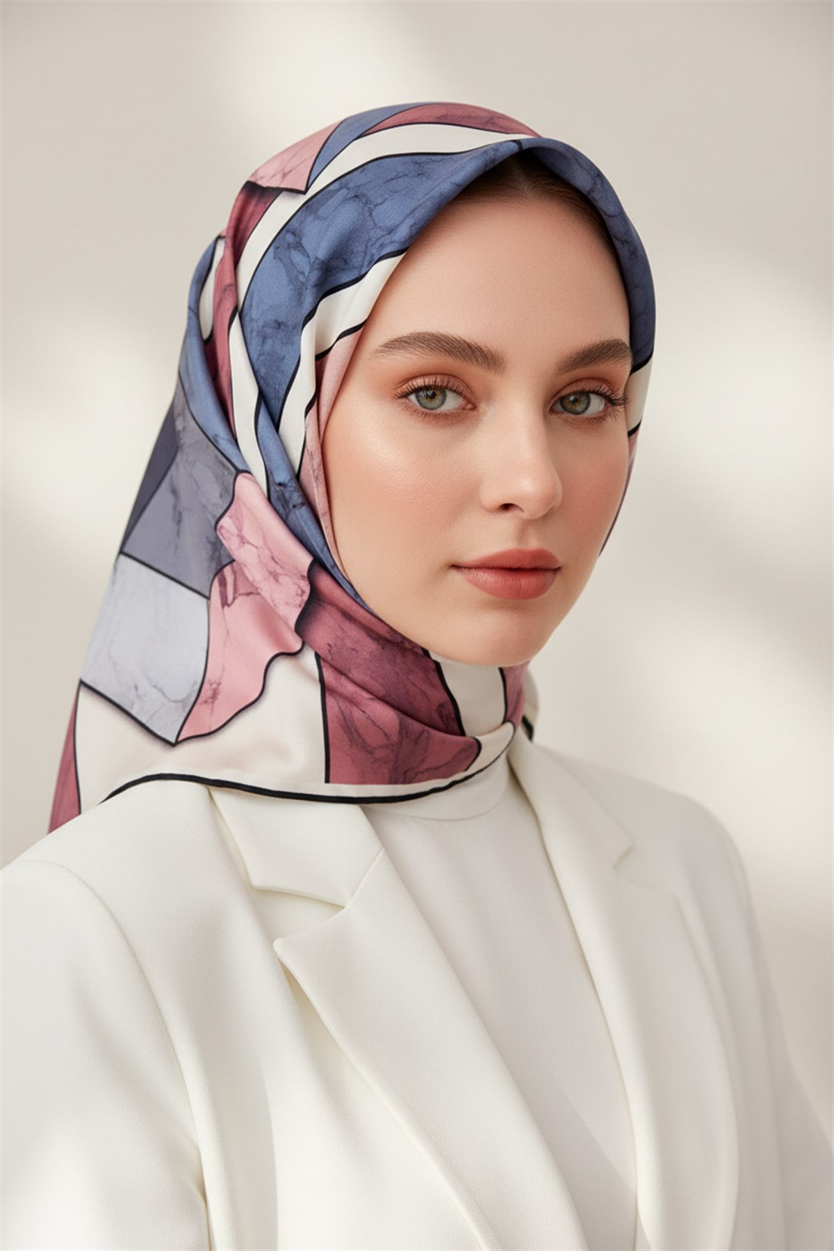 %100 Twill İpek Geometrik Mermer Desenli Pudra - Bebe Mavisi Renkli 90x90 Eşarp Dikim Şekli : El Dikişi