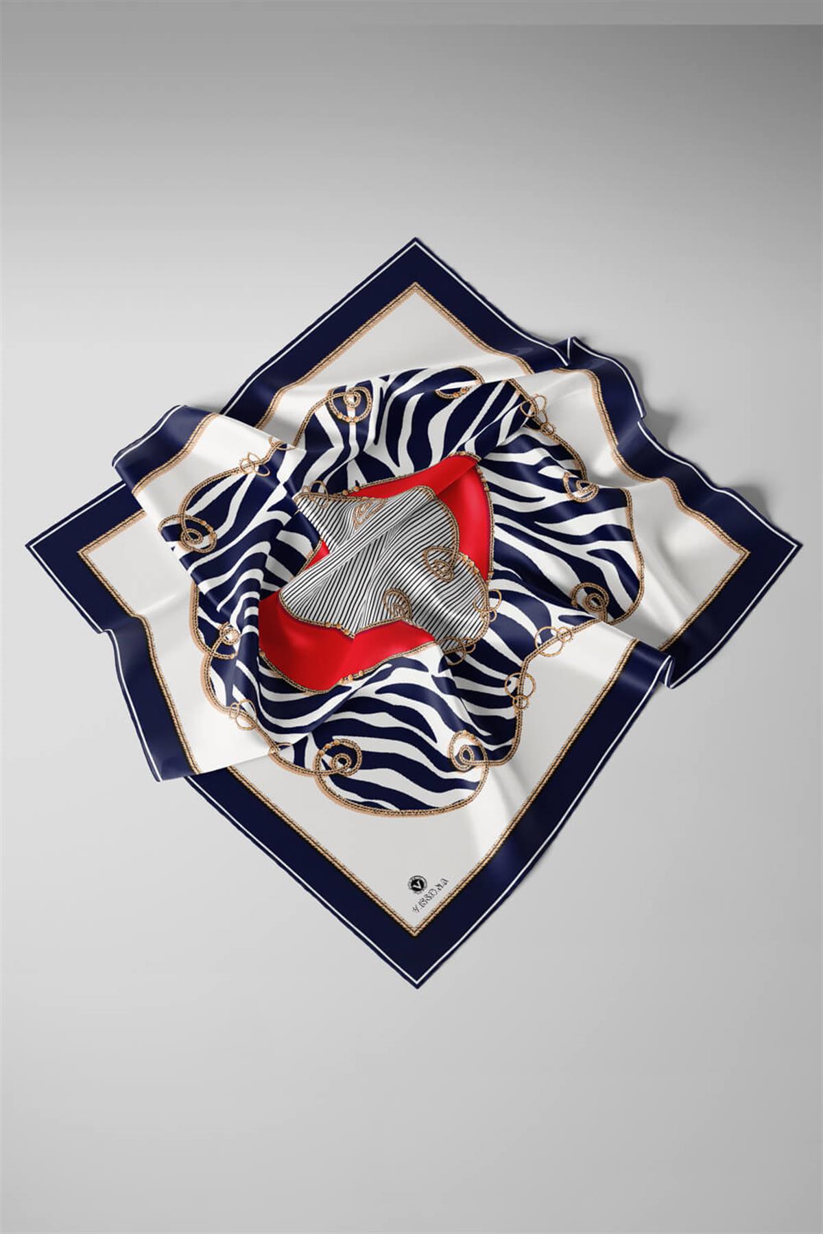 %100 Twill İpek Zincirli Ve Zebra Desenli Lacivert - Kırmızı Renkli 90x90 Eşarp Dikim Şekli : El Dikişi