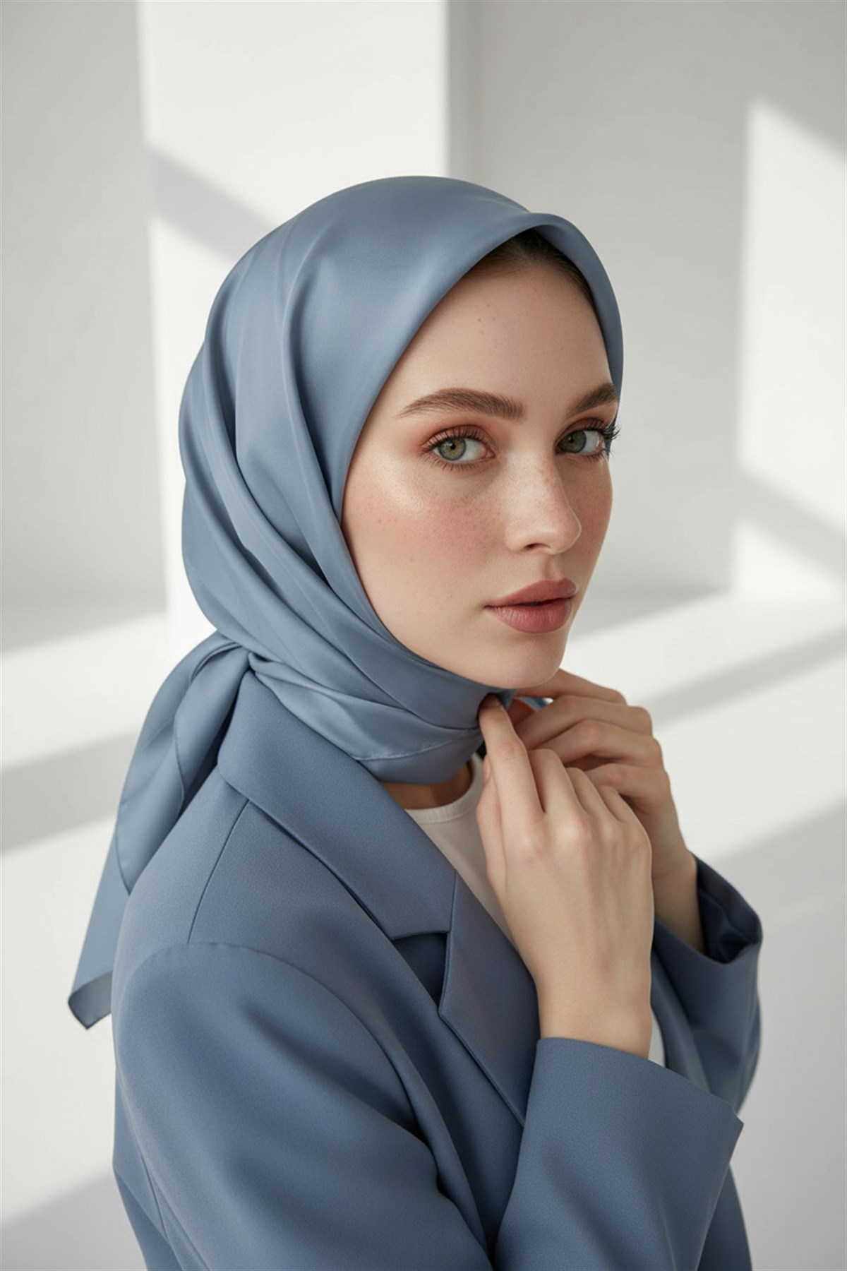 Viskon Twill İpek Az Hatalı Gri Mavi Renkli 90x90 Düz Eşarp Dikim Şekli : El Dikişi