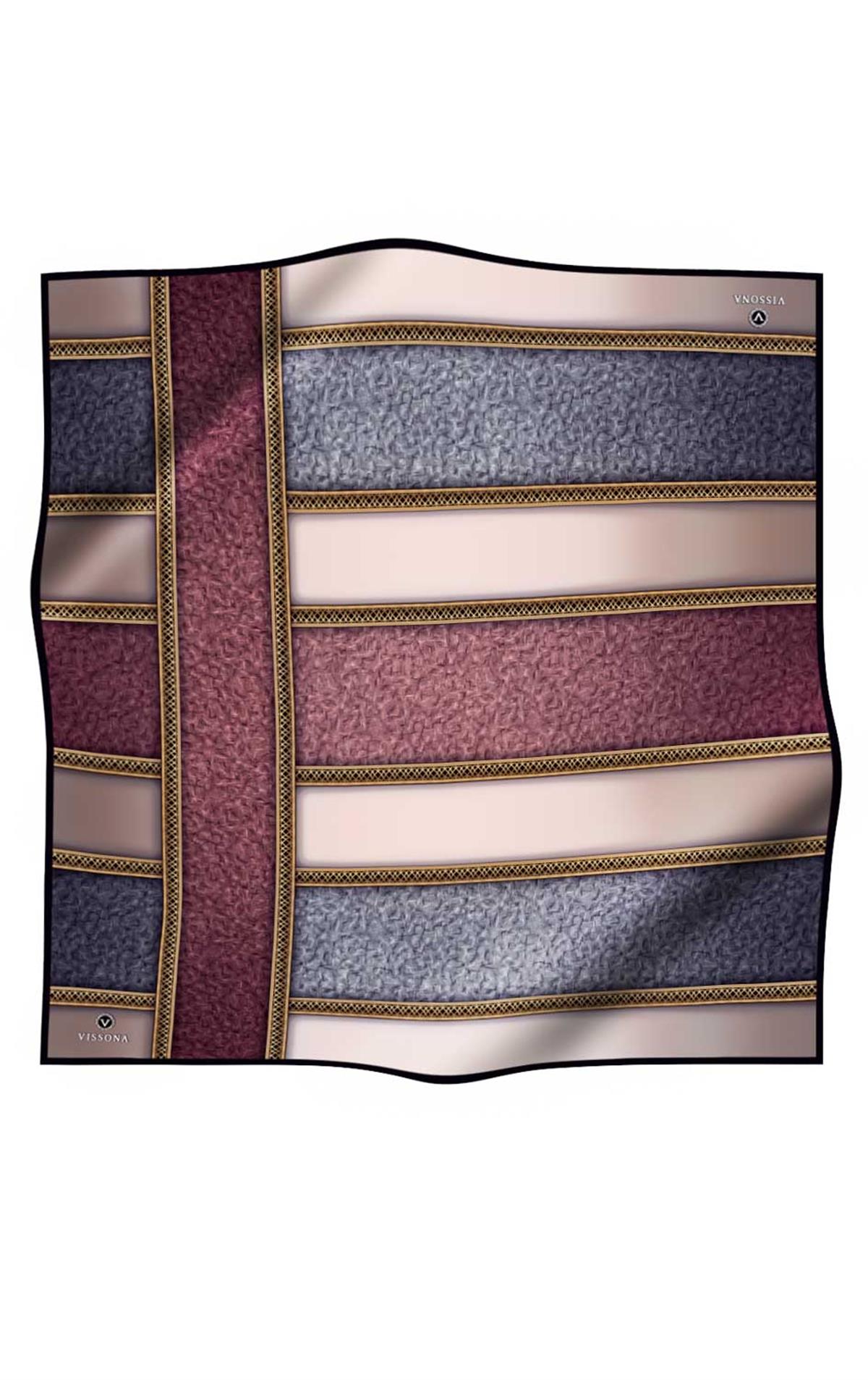 %100 Twill İpek Dokulu Ve Şerit Desenli Gri - Pudra Renkli 90x90 Eşarp Dikim Şekli : El Dikişi