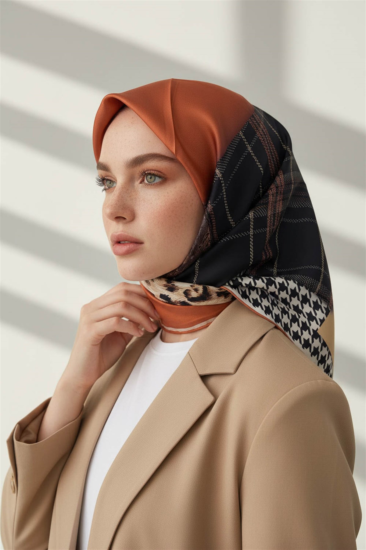 % 57 İPEK % 43 VİSKON Twill İpek Kazayaklı Ekoseli Leoparlı Ve Şal Desenli Taba - Bej Renkli 90x90 Eşarp Dikim Şekli : El Dikişi