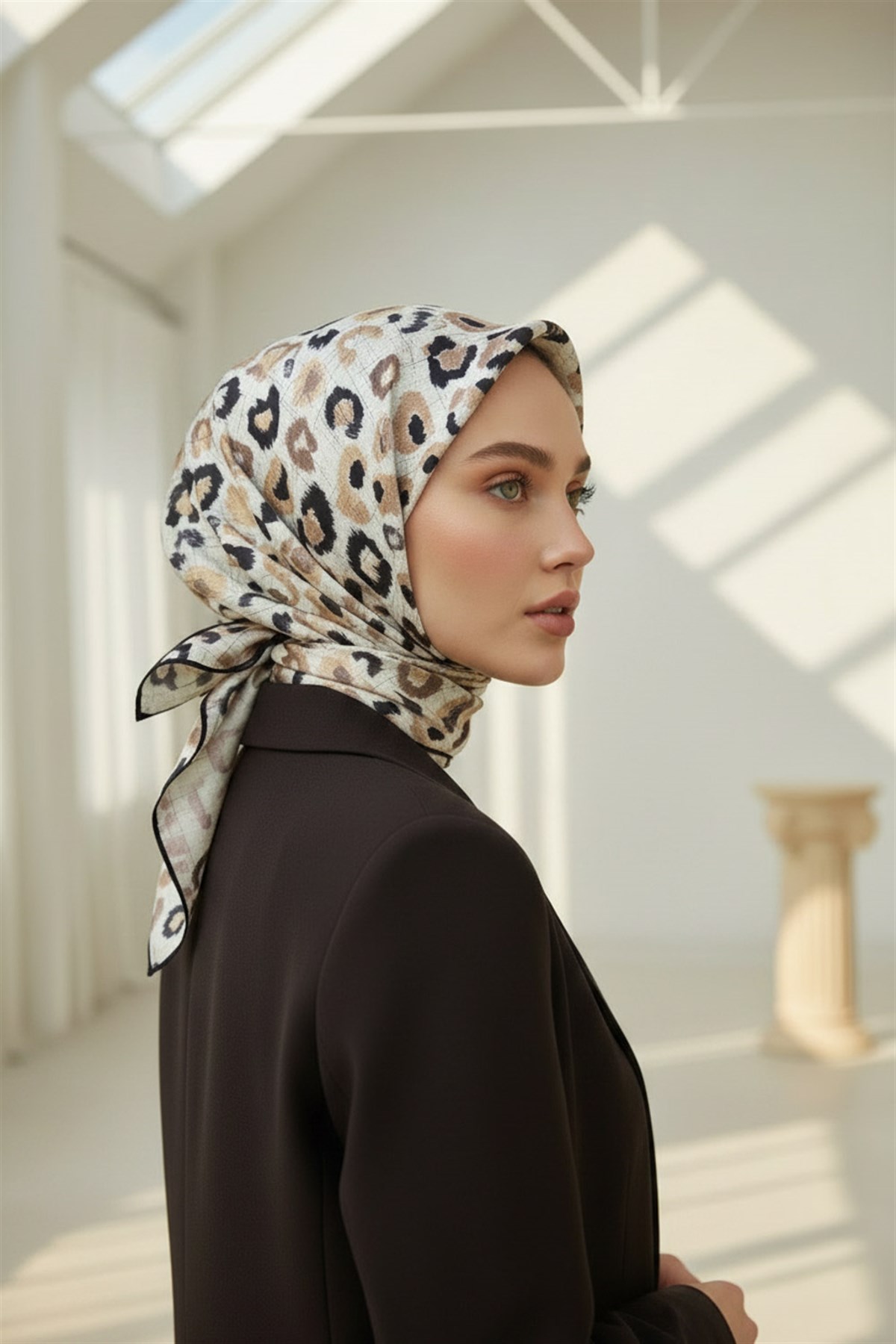 %100 Twill İpek Renkli Leopari Desenli Bej - Siyah Renkli 90x90 Eşarp Kenar Dikiş Şekli El Dikişli