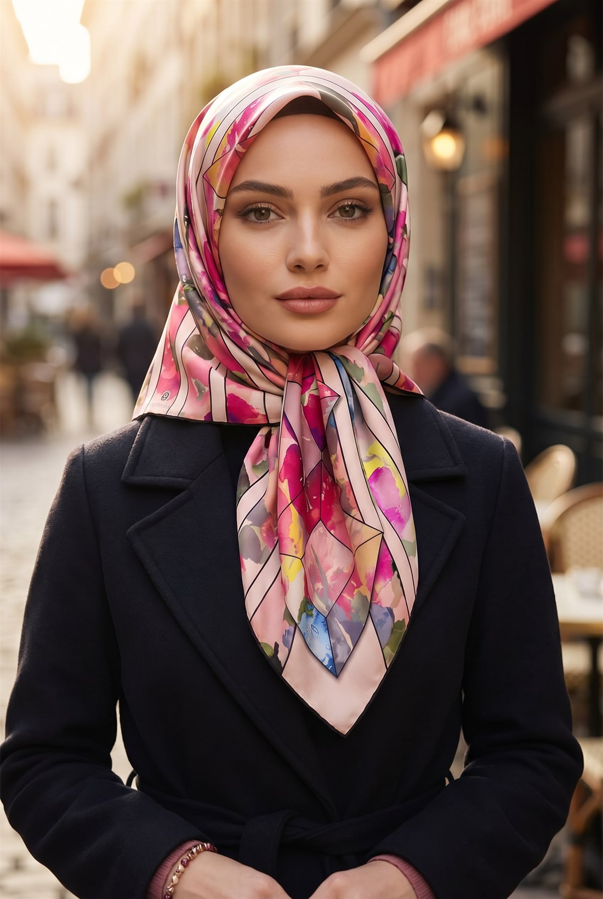 %100 Twill İpek Bahar Çiçekleri Desenli Mürdüm - Bebe Mavisi Renkli 90x90 Eşarp Kenar Dikiş Şekli El Dikişli