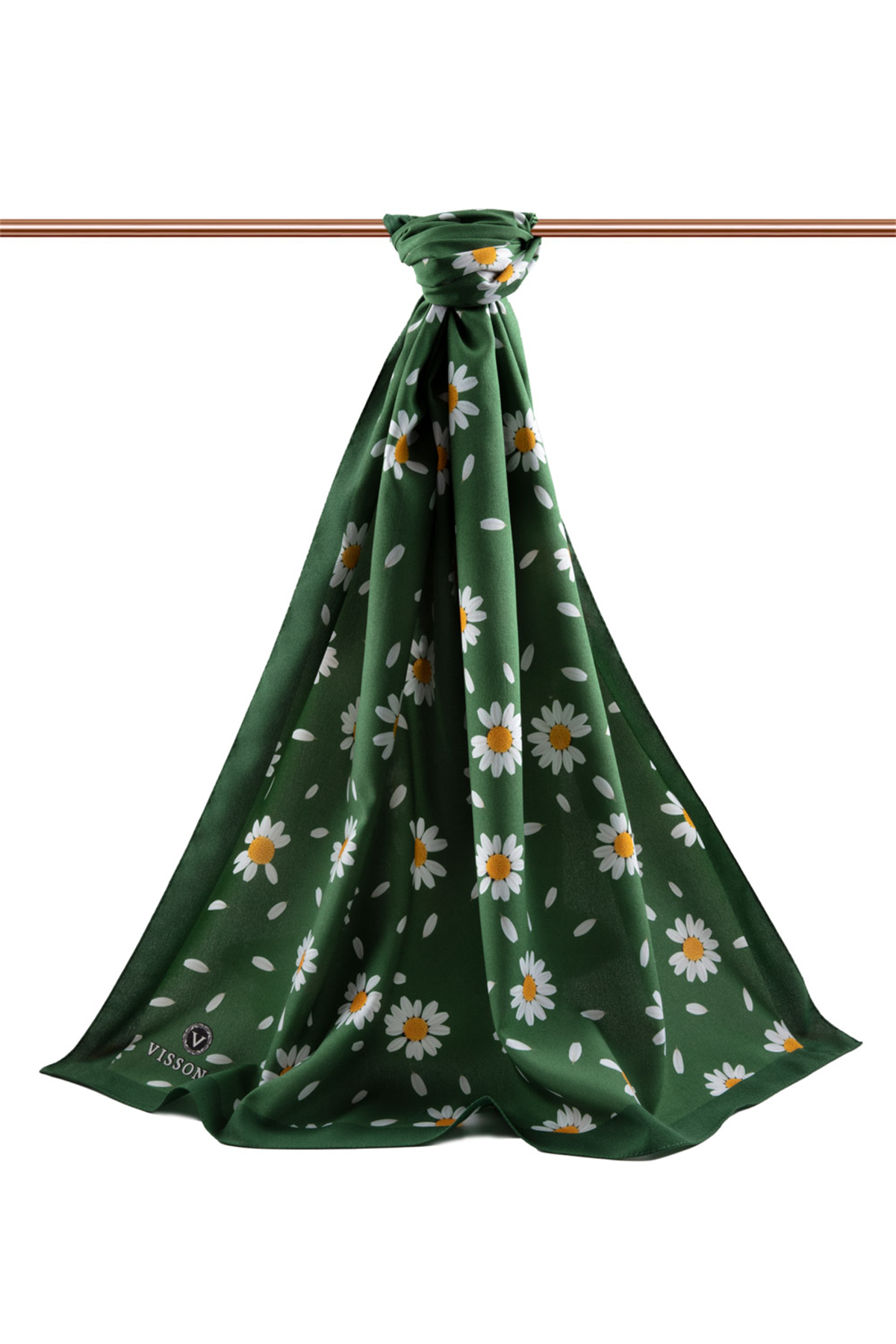 LÜKS MEDİNE İPEĞİ PAPATYA DESENLİ ZÜMRÜT YEŞİLİ RENKLİ 75X195 KIRIŞMAZ ŞAL MOSS KREP DİKİŞ TİPİ İTALYAN DİKİŞLİ