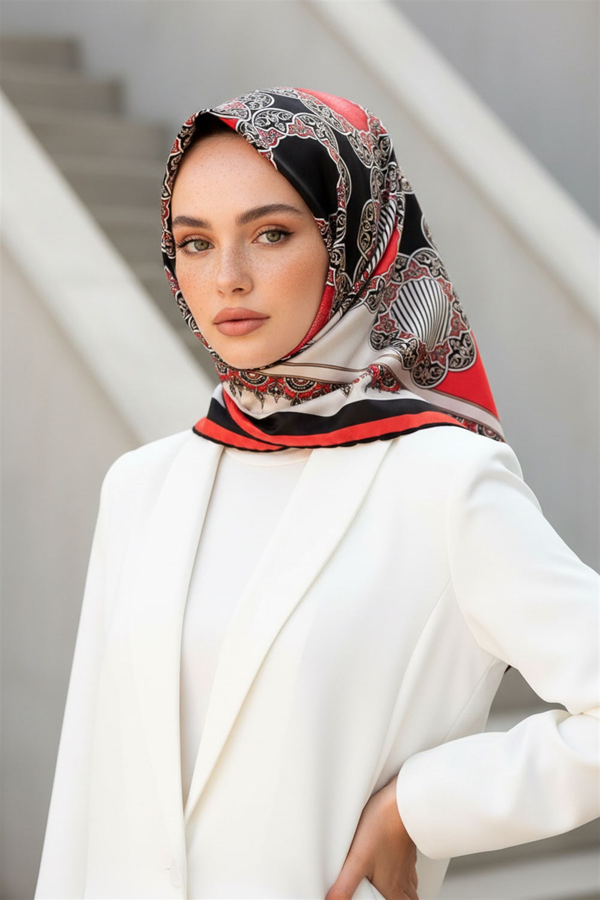 %100 Twill Türk Motifi  Desenli Siyah - Nar Çiçeği Renkli 90x90 Eşarp Dikim Şekli: El Dikişi
