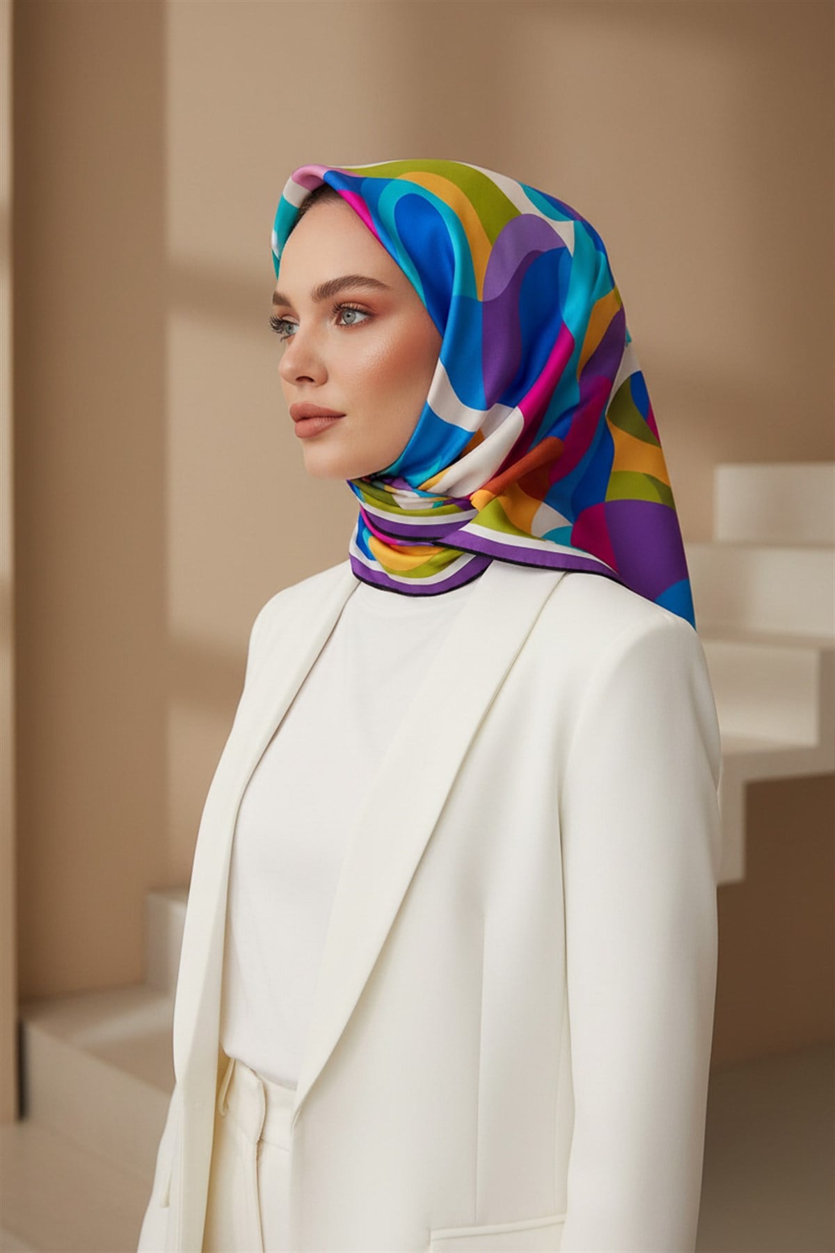 %100 Twill İpek Geometrik Desenli Mor - Saks Renkli 90x90 Eşarp Dikim Şekli : El Dikişi