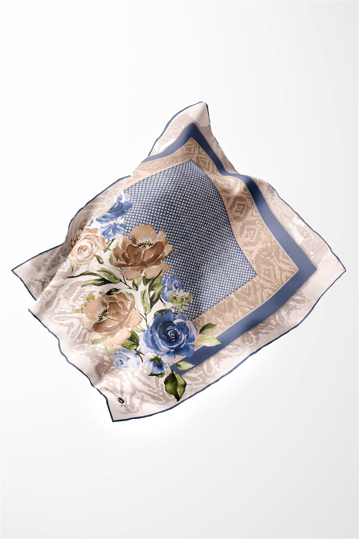 Twill Çiçek Desenli İndigo Renkli 90x90 Eşarp (İpek İçermez) Kenar Dikiş Şekli El Dikişli
