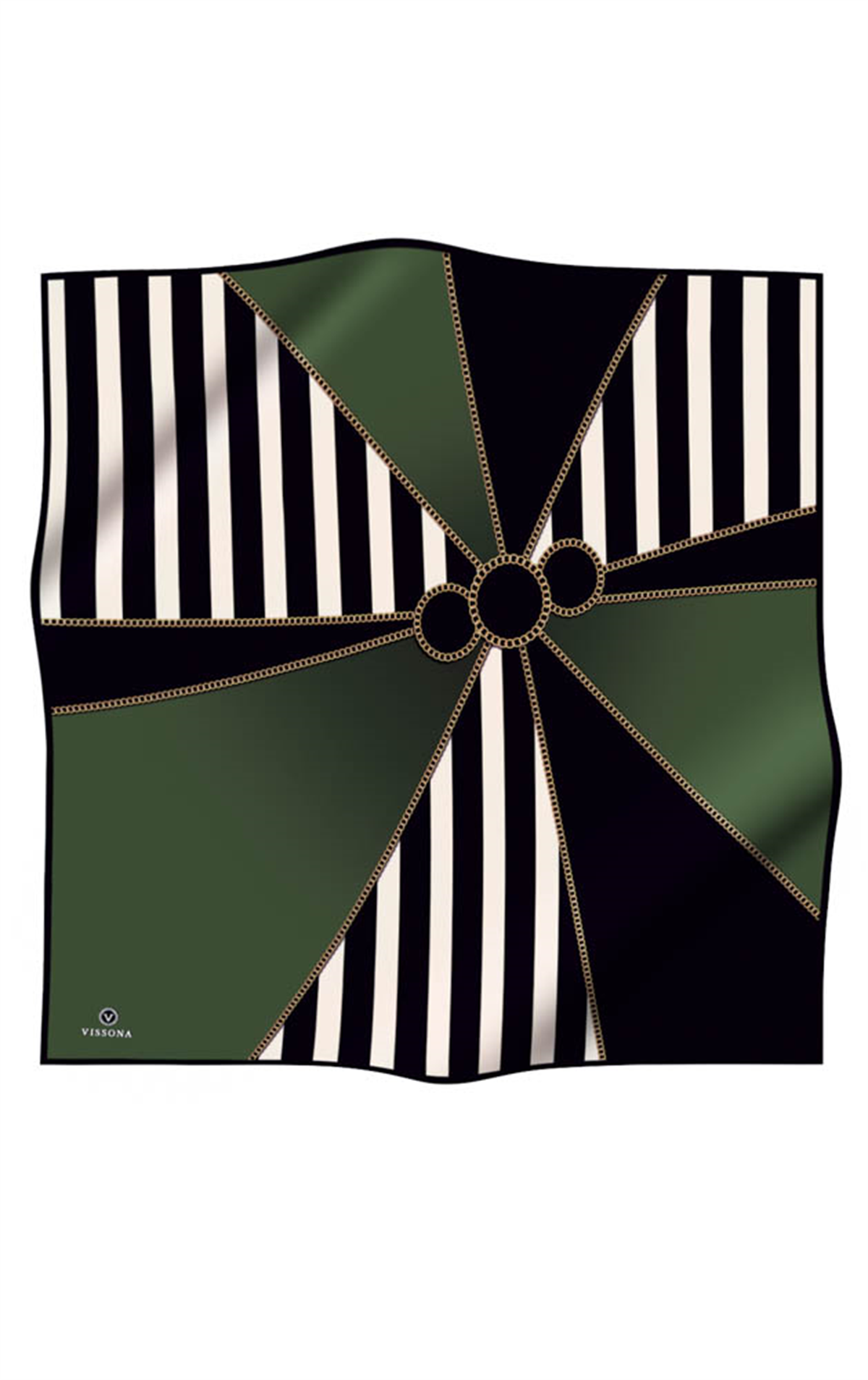 %100 Twill İpek Zincirli Çizgi Desenli Siyah - Haki Renkli 90x90 Eşarp Dikim Şekli : El Dikişi