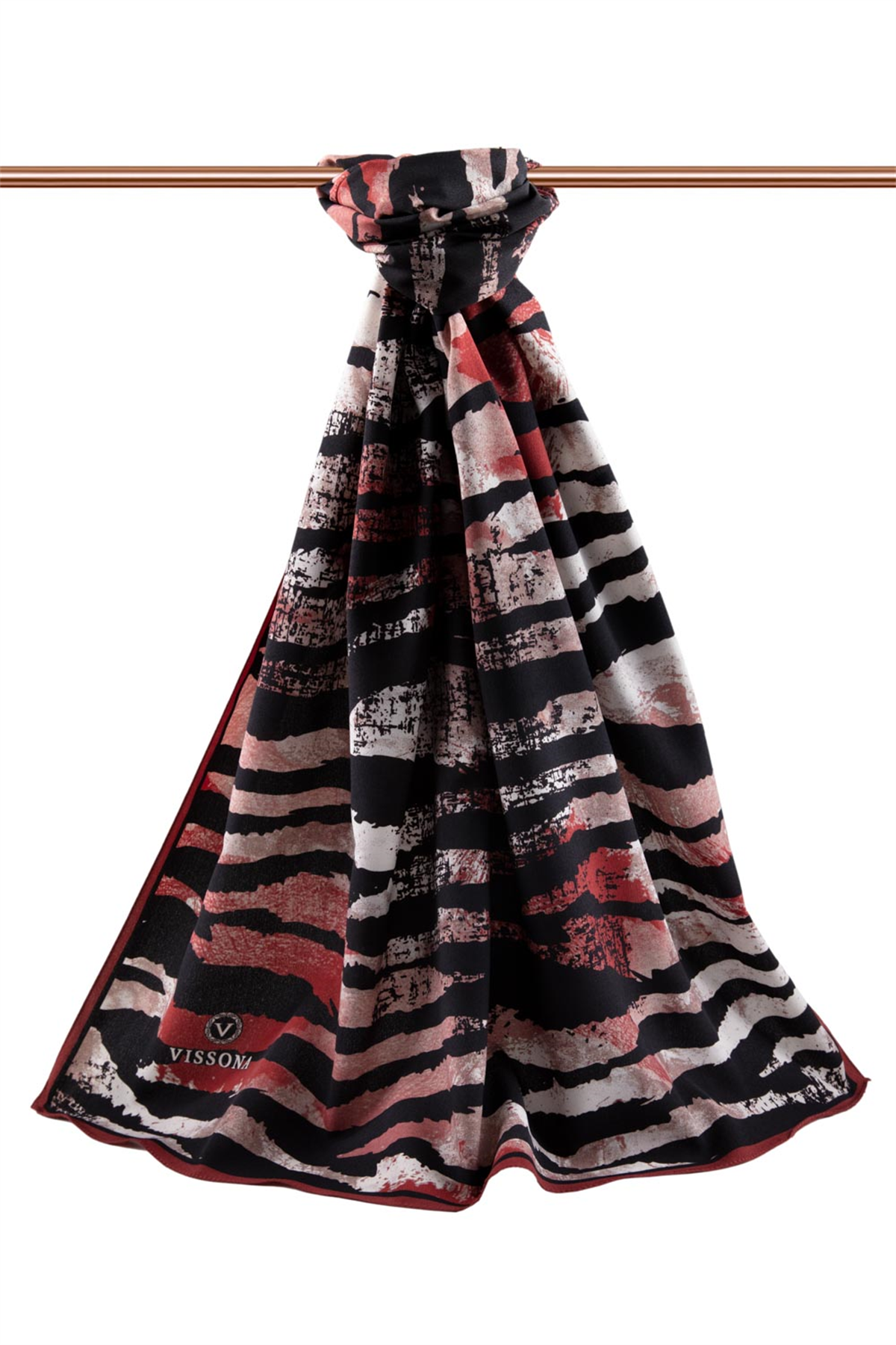 LÜKS MEDİNE İPEĞİ ZEBRA DESENLİ BORDO - SİYAH RENKLİ 75X195 KIRIŞMAZ ŞAL MOSS KREP DİKİŞ TİPİ İTALYAN DİKİŞLİ