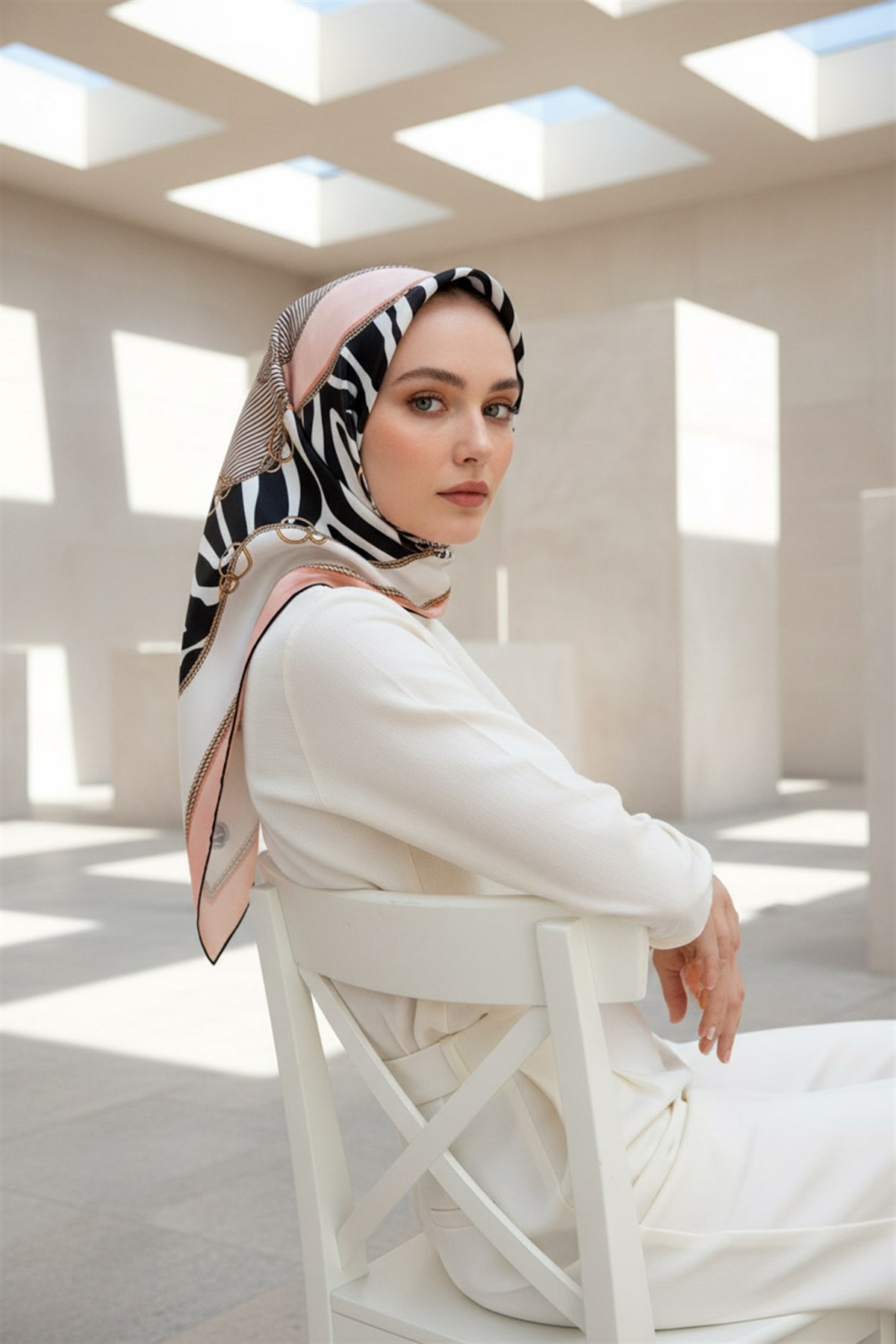 %100 Twill İpek Zincirli Ve Zebra Desenli Pudra - Krem Renkli 90x90 Eşarp Dikim Şekli : El Dikişi