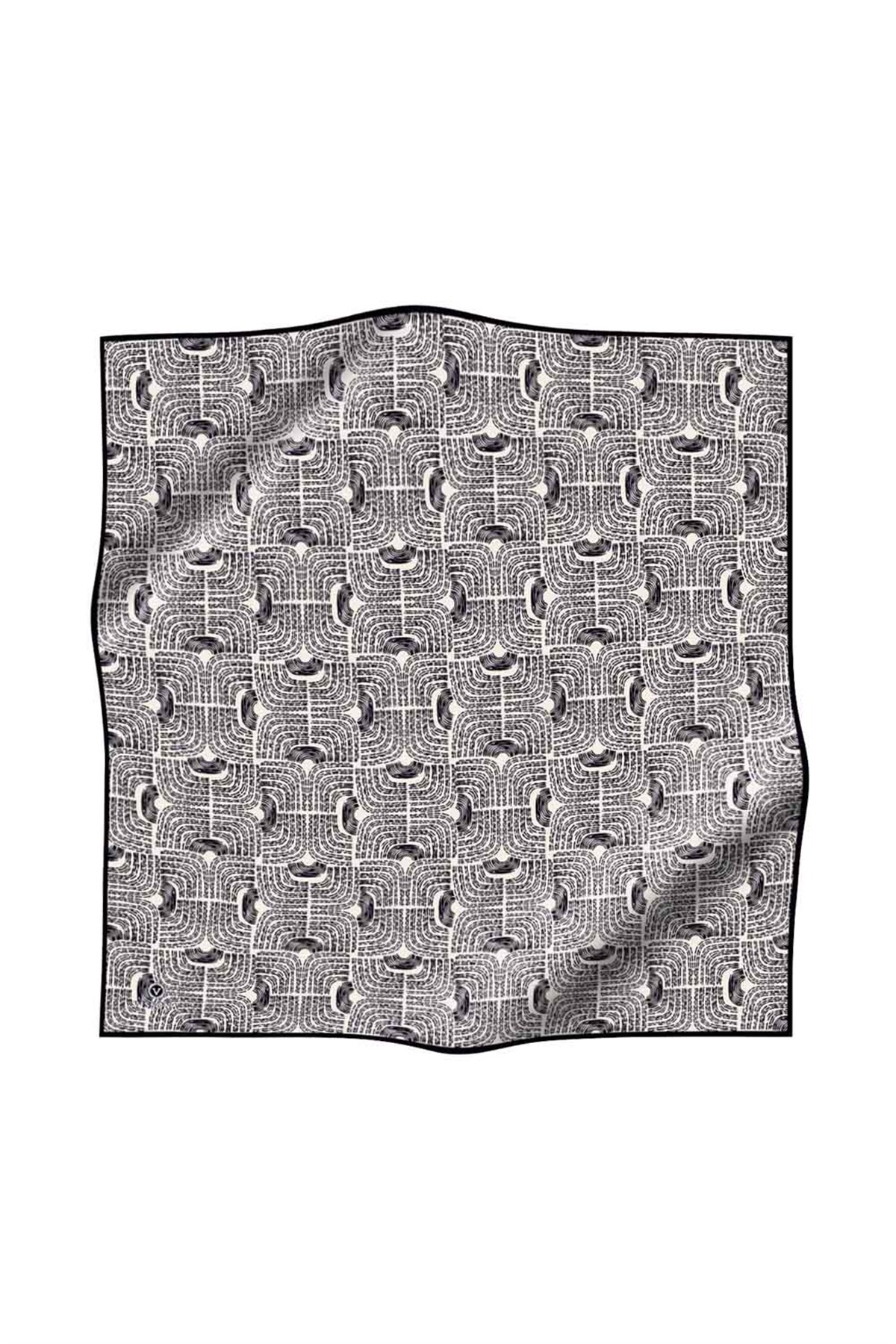 %100 Twill İpek Geometrik Desenli Siyah - Beyaz Renkli 90x90 Eşarp Dikim Şekli : El Dikişi