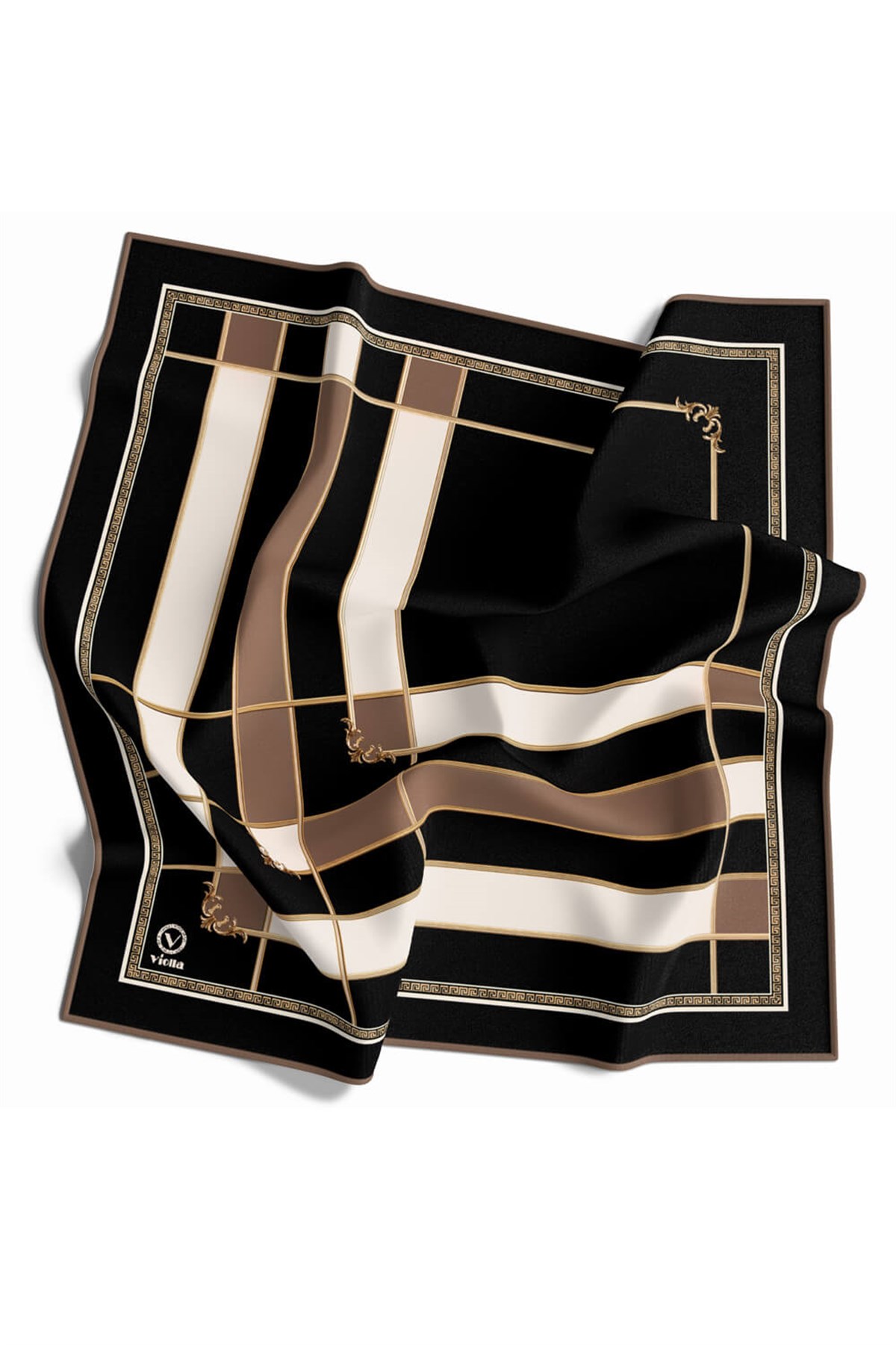 Twill Gold Detaylı Kareli Desenli Vizon Renkli 90x90 Eşarp (İpek İçermez) Kenar Dikiş Şekli El Dikişli