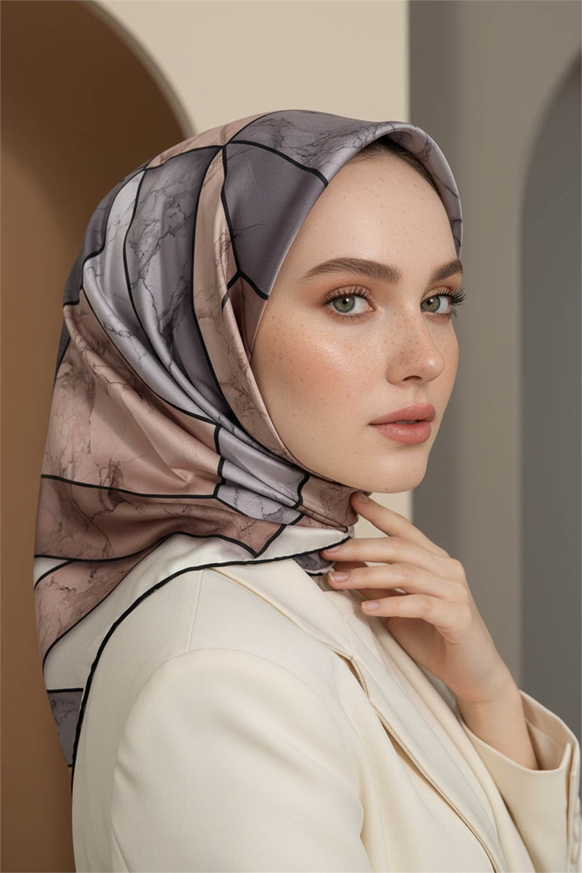 Rayon Mermer Desenli Gri - Bej Renkli 90x90 Eşarp (İpek İçermez) Kenar Dikiş Şekli El Dikişli