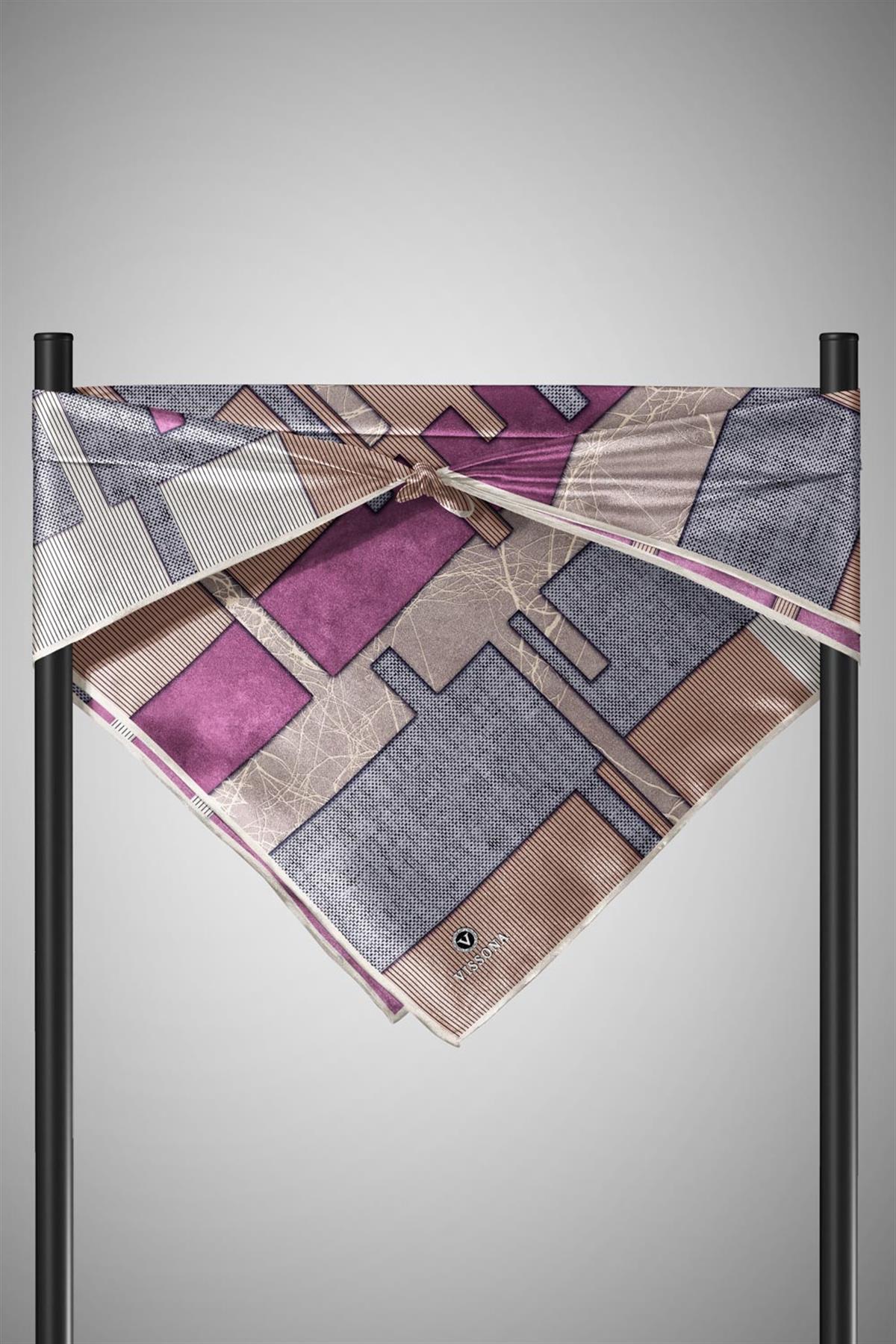 %100 Twill İpek Geometrik Desenli Vizon - Pudra Renkli 90x90 Eşarp Dikim Şekli : El Dikişi