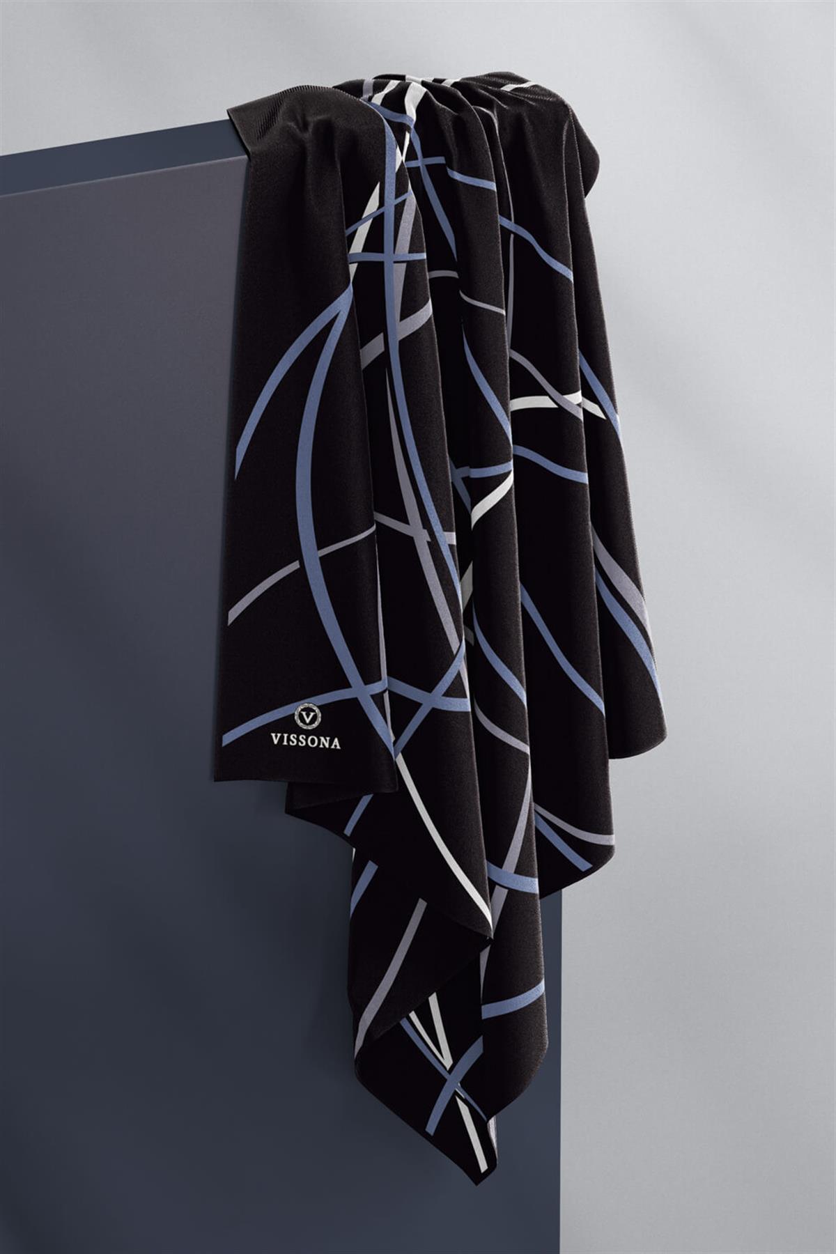 %100 Twill İpek Çizgili Desenli Siyah - İndigo Renkli 90x90 Eşarp Dikim Şekli : El Dikişi