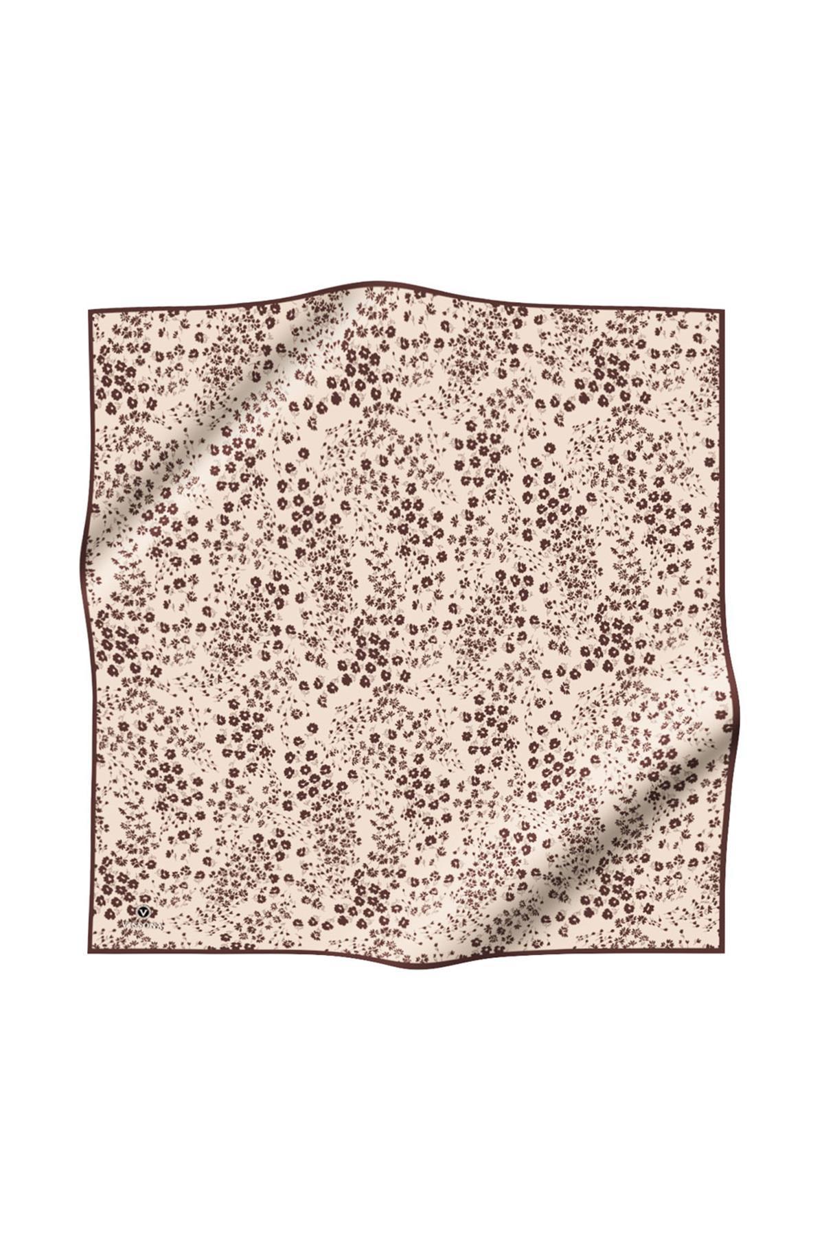 %100 Twill İpek Çıtır Çiçek Desenli Bej - Kahverengi Renkli 90x90 Eşarp Dikim Şekli : El Dikişi