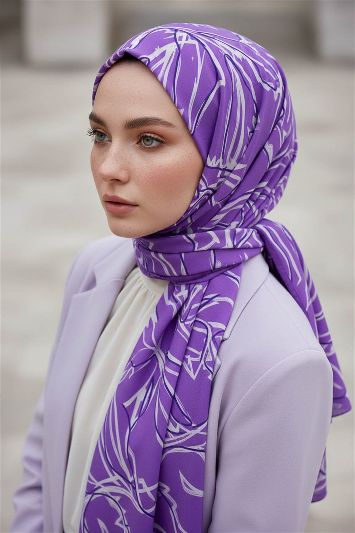 KREP YAPRAK DESENLİ LİLA RENKLİ 75X195 KIRIŞMAZ ŞAL