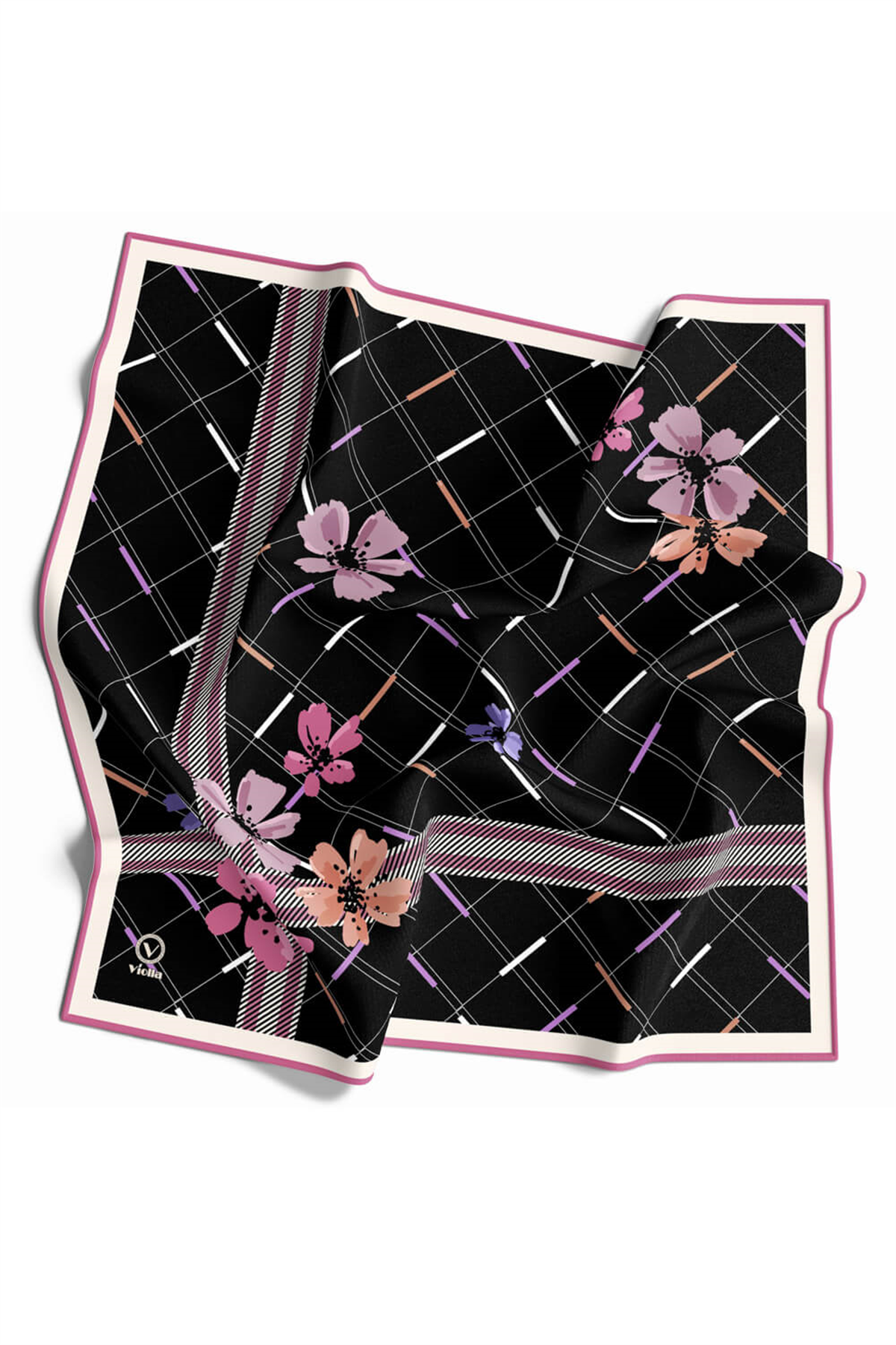 Twill Papatya Desenli Pembe Renkli 90x90 Eşarp (İpek İçermez) Kenar Dikiş Şekli El Dikişli