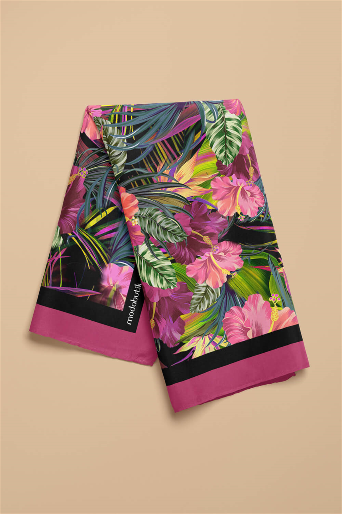 G39 Kadın Yeşil Pembe Çiçek Desenli 50x50 Bandana