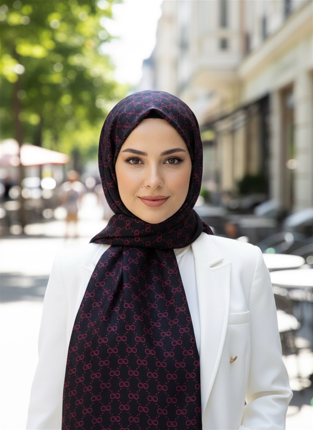 %100 İpek Minik Motif Desenli Siyah - Bordo Renkli 92x210 Şal