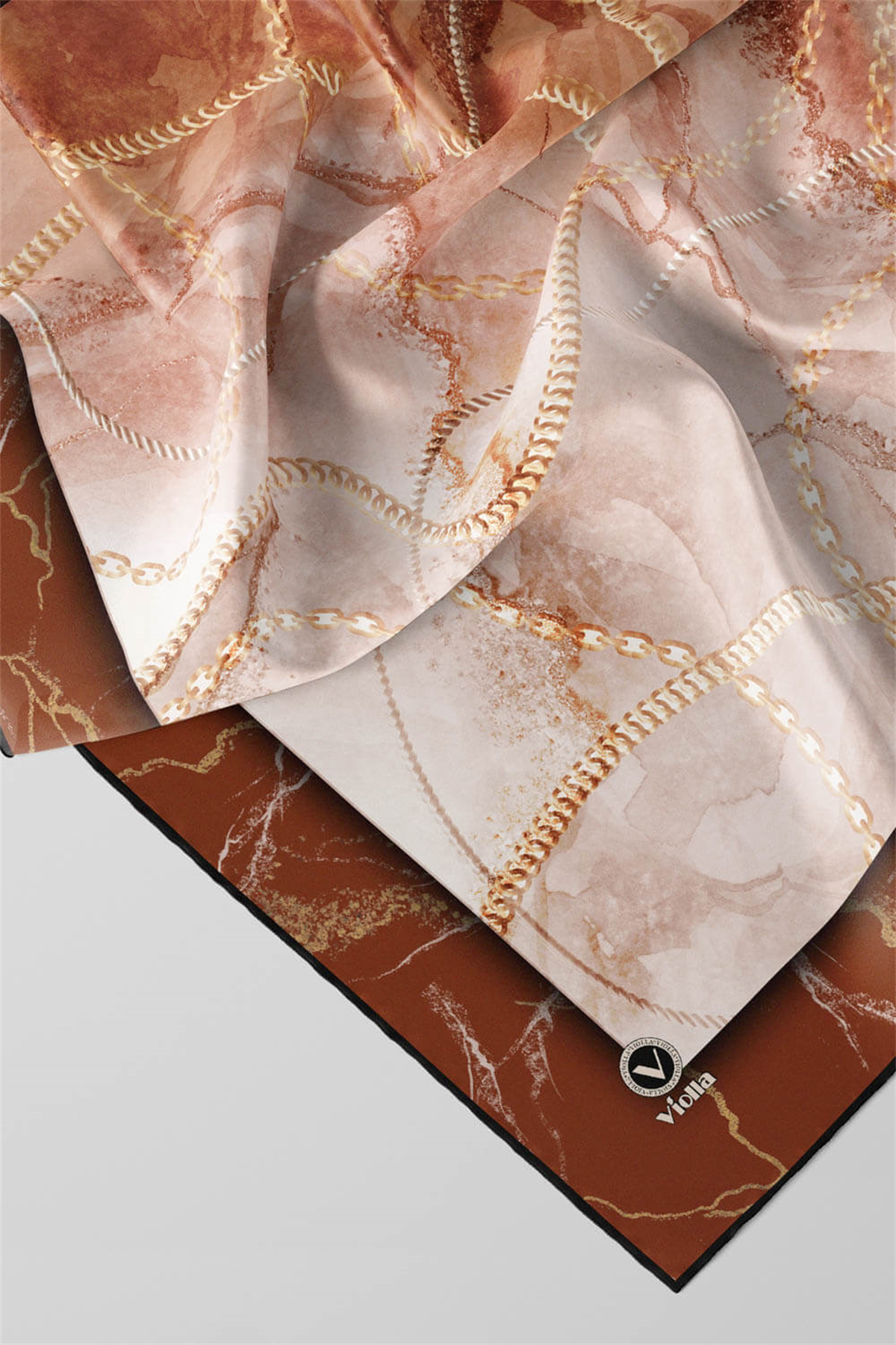 Twill Mermer ve Zincir Desenli Taba Renkli 90x90 Eşarp (İpek İçermez) Kenar Dikiş Şekli El Dikişli