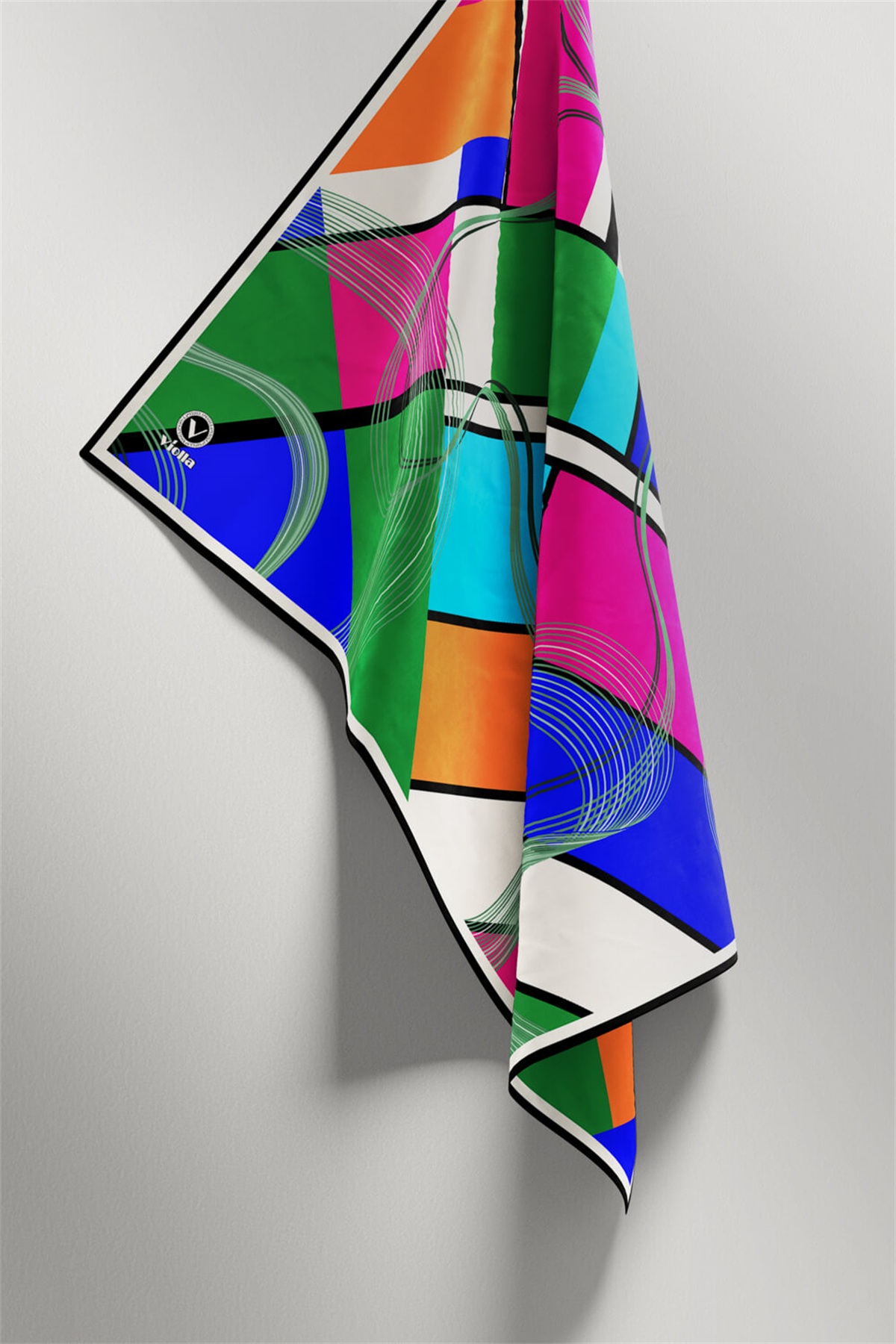 Twill Geometrik Desenli Fuşya - Saks Renkli 90x90 Eşarp (İpek İçermez) Dikim Şekli : El Dikişi