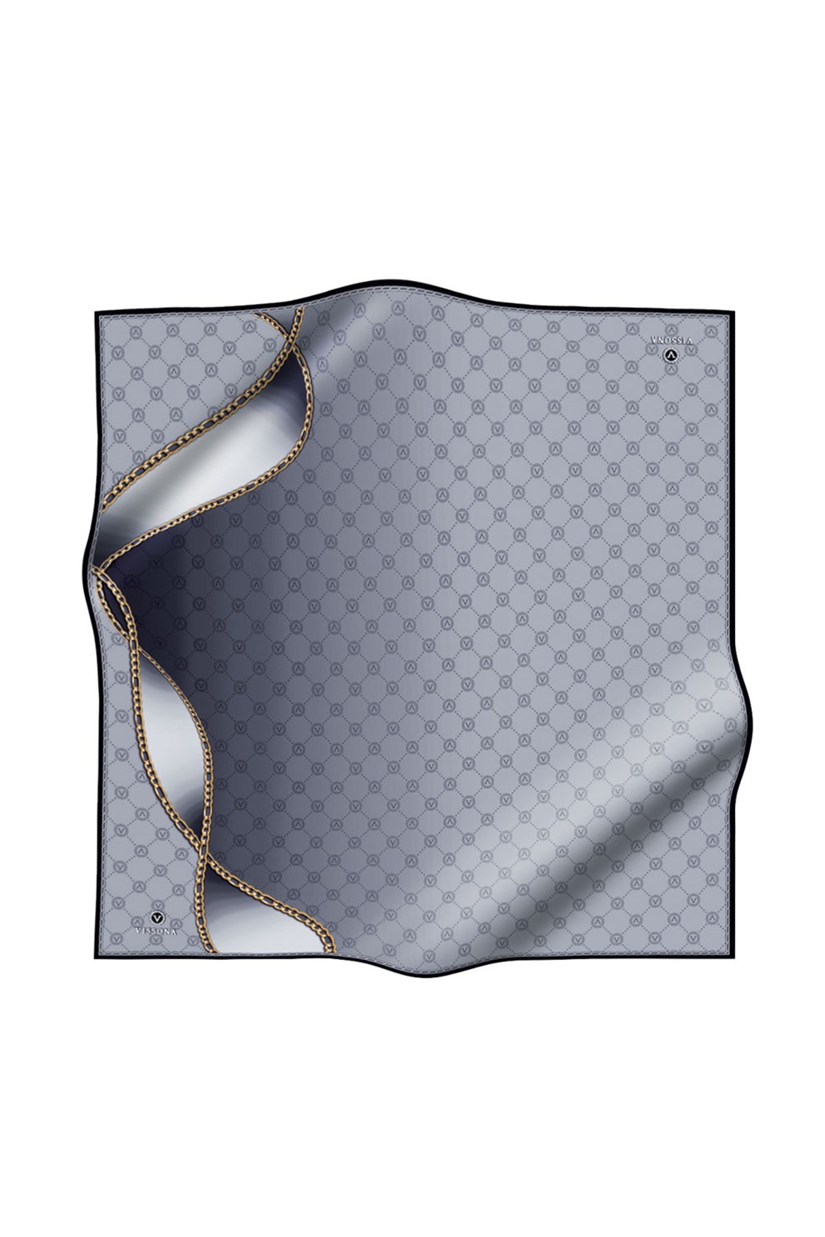 %100 Twill İpek Zincirli Ve Monogram Desenli Gümüş - Gold Renkli 90x90 Eşarp Dikim Şekli : El Dikişi