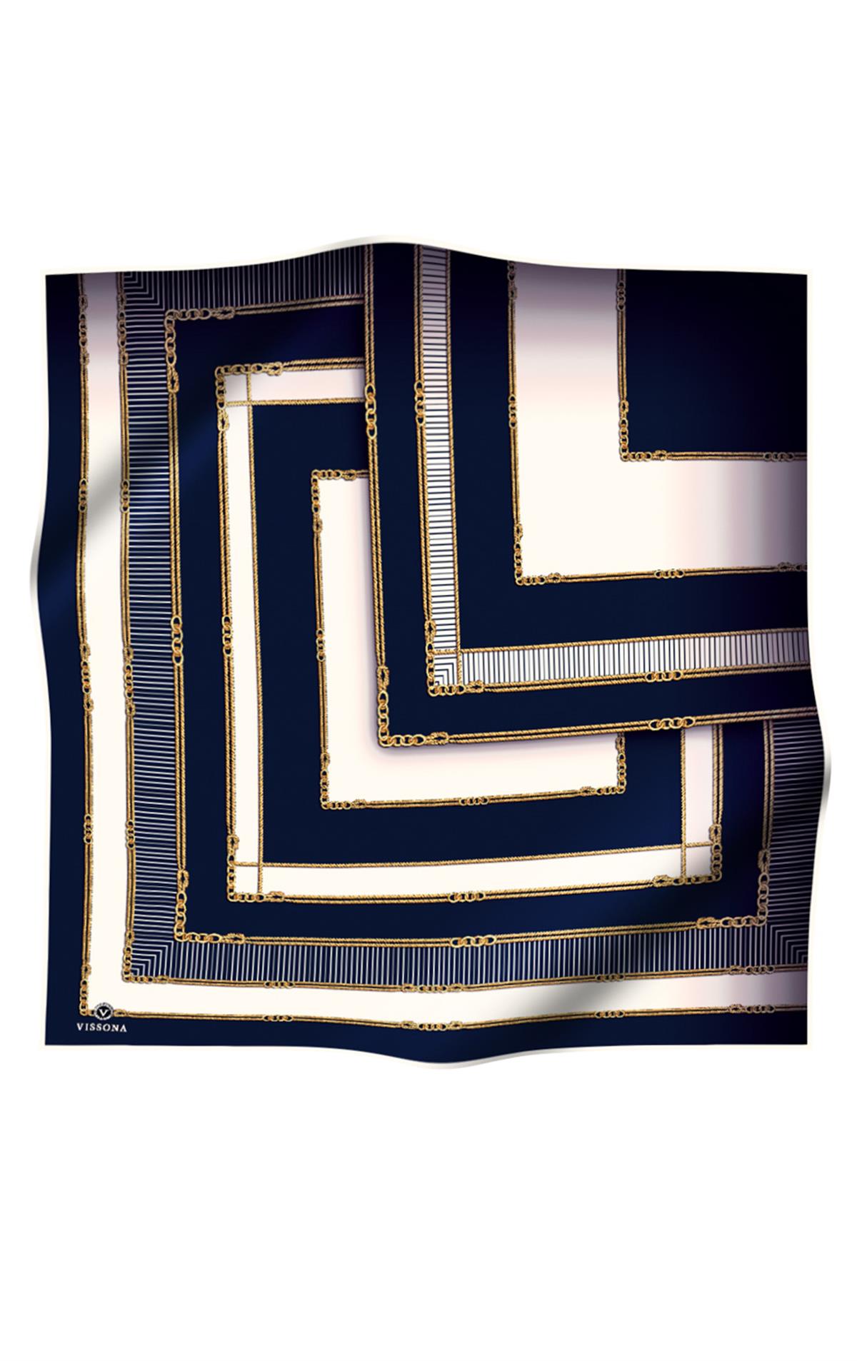 %100 Twill İpek Zincir Detaylı Geometrik Desenli Lacivert - Lacivert Renkli 90x90 Eşarp Dikim Şekli : El Dikişi