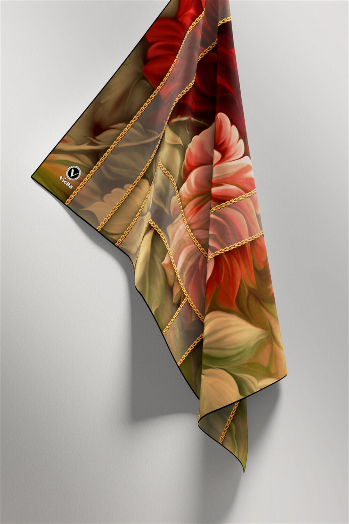 Twill Gül Desenli Bordo - Vizon Renkli 90x90 Eşarp (İpek İçermez) Kenar Dikiş Şekli El Dikişli