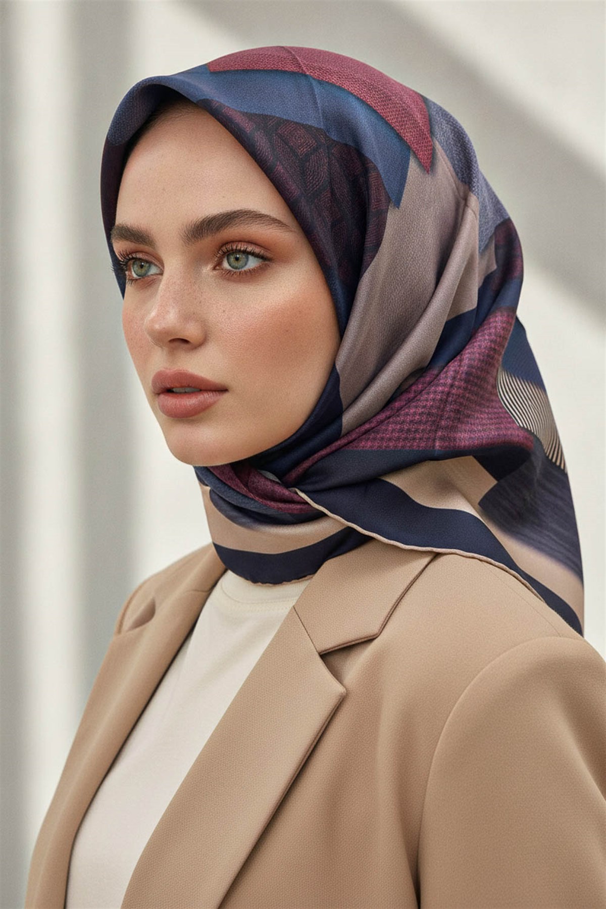 %100 Twill İpek Geometrik Desenli Bordo - Lacivert Renkli 90x90 Eşarp Dikim Şekli : El Dikişi