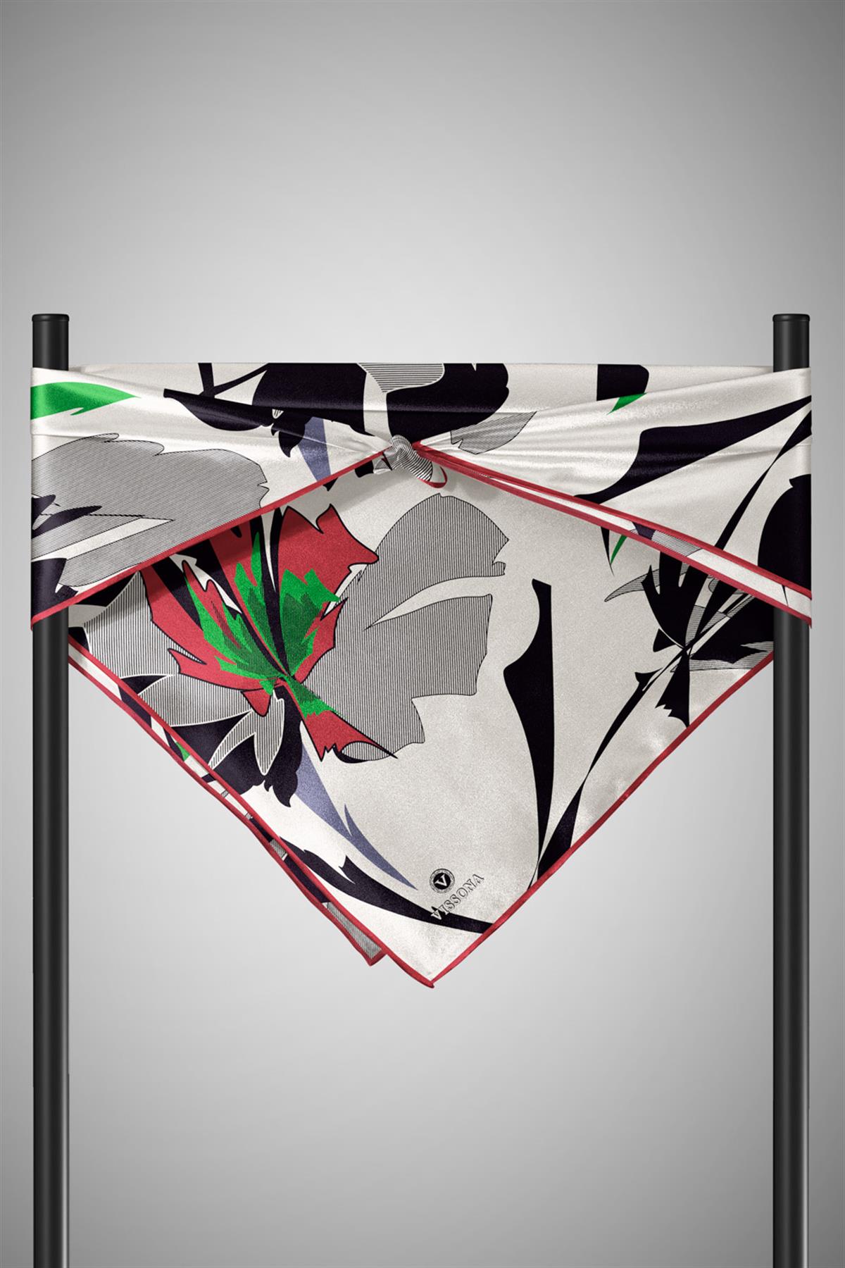 %100 Twill İpek Çiçek Desenli Krem - Bordo Renkli 90x90 Eşarp Dikim Şekli : El Dikişi