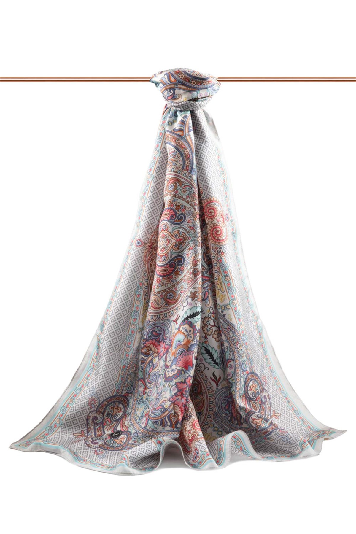 %100 İPEK ETRO DESENLİ GRİ - NAR ÇİÇEĞİ RENKLİ ŞAL