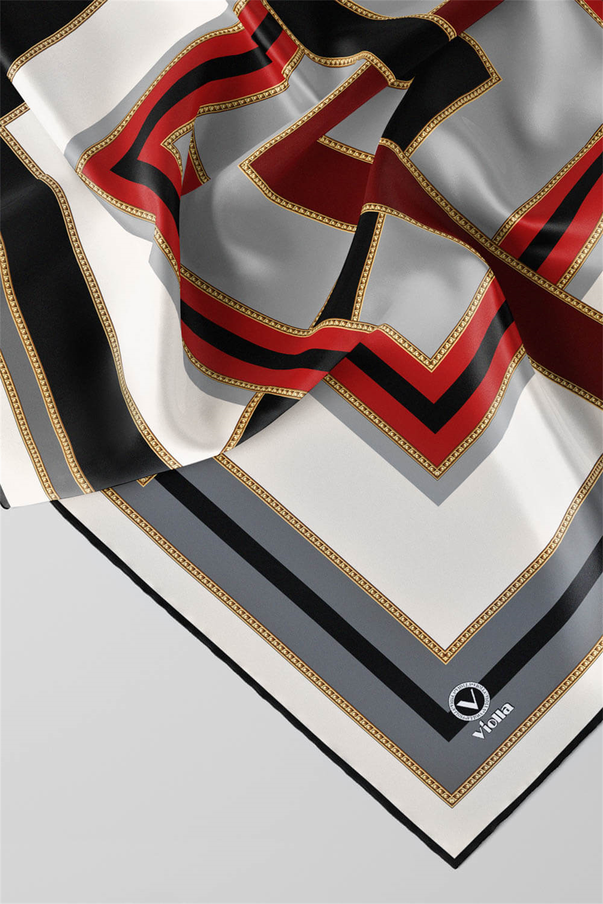 Twill Çerçeve Desenli Gri - Bordo Renkli 90x90 Eşarp (İpek İçermez) Kenar Dikiş Şekli El Dikişli