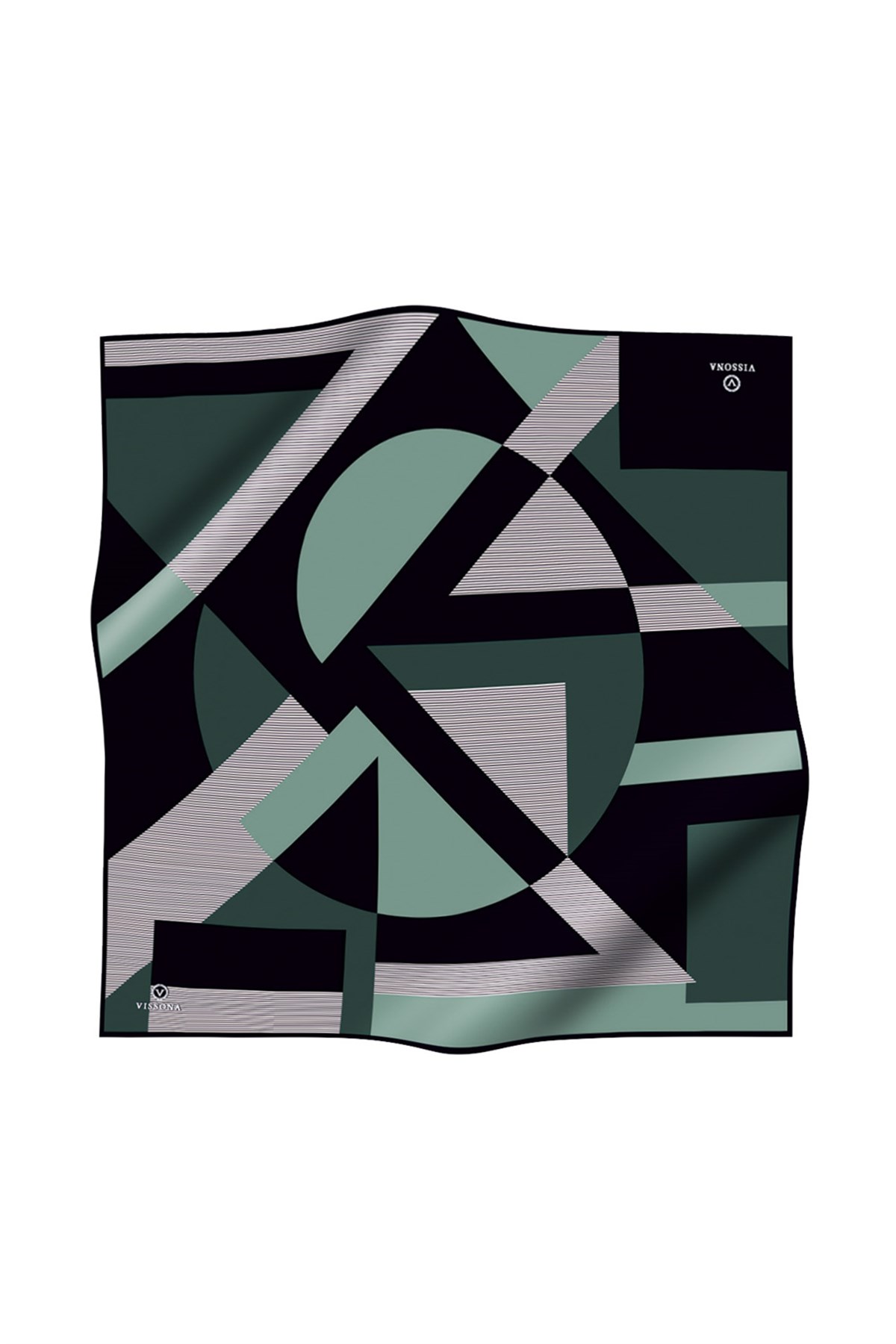 %100 Twill İpek Eşarp 90x90 Siyah Mint Geometrik Çizgi Desenli El Dikişli Kadın Eşarp