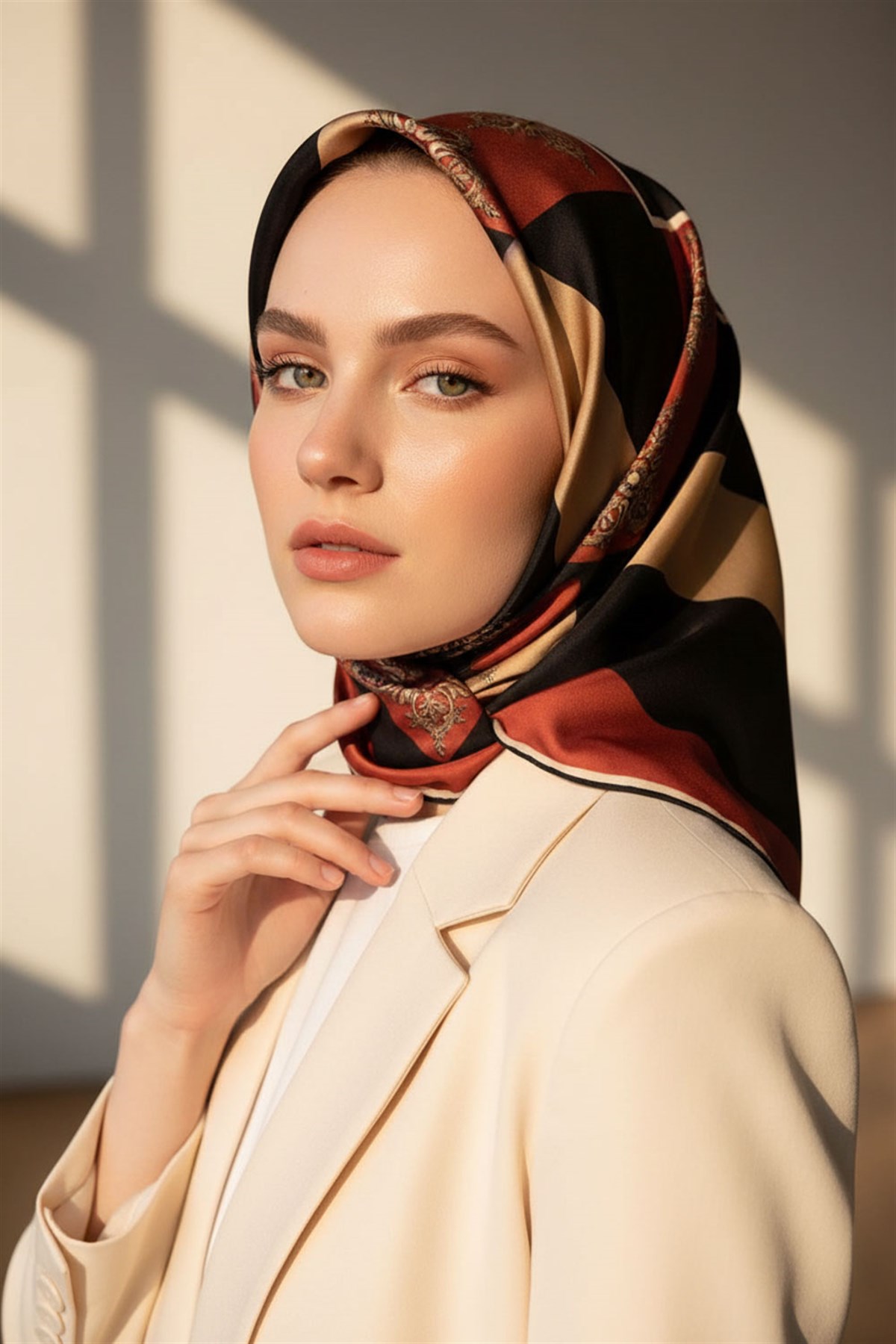 %100 Twill İpek Geometrik ve Barok Desenli Taba - Siyah Renkli 90x90 Eşarp Dikim Şekli : El Dikişi