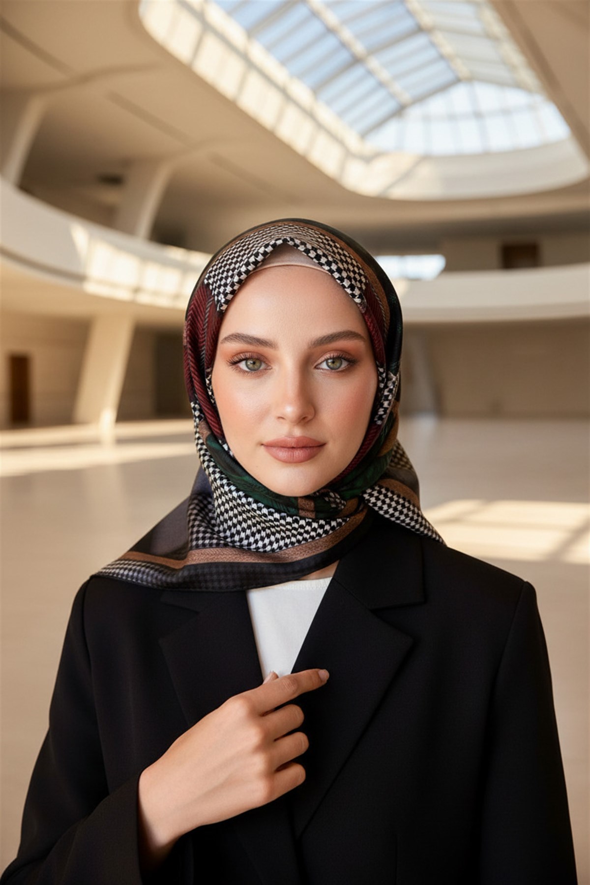 %100 Twill İpek Kazakayaklı Ve Ekose Desenli Siyah - Zümrüt Yeşili Renkli 90x90 Eşarp Dikim Şekli : El Dikişi