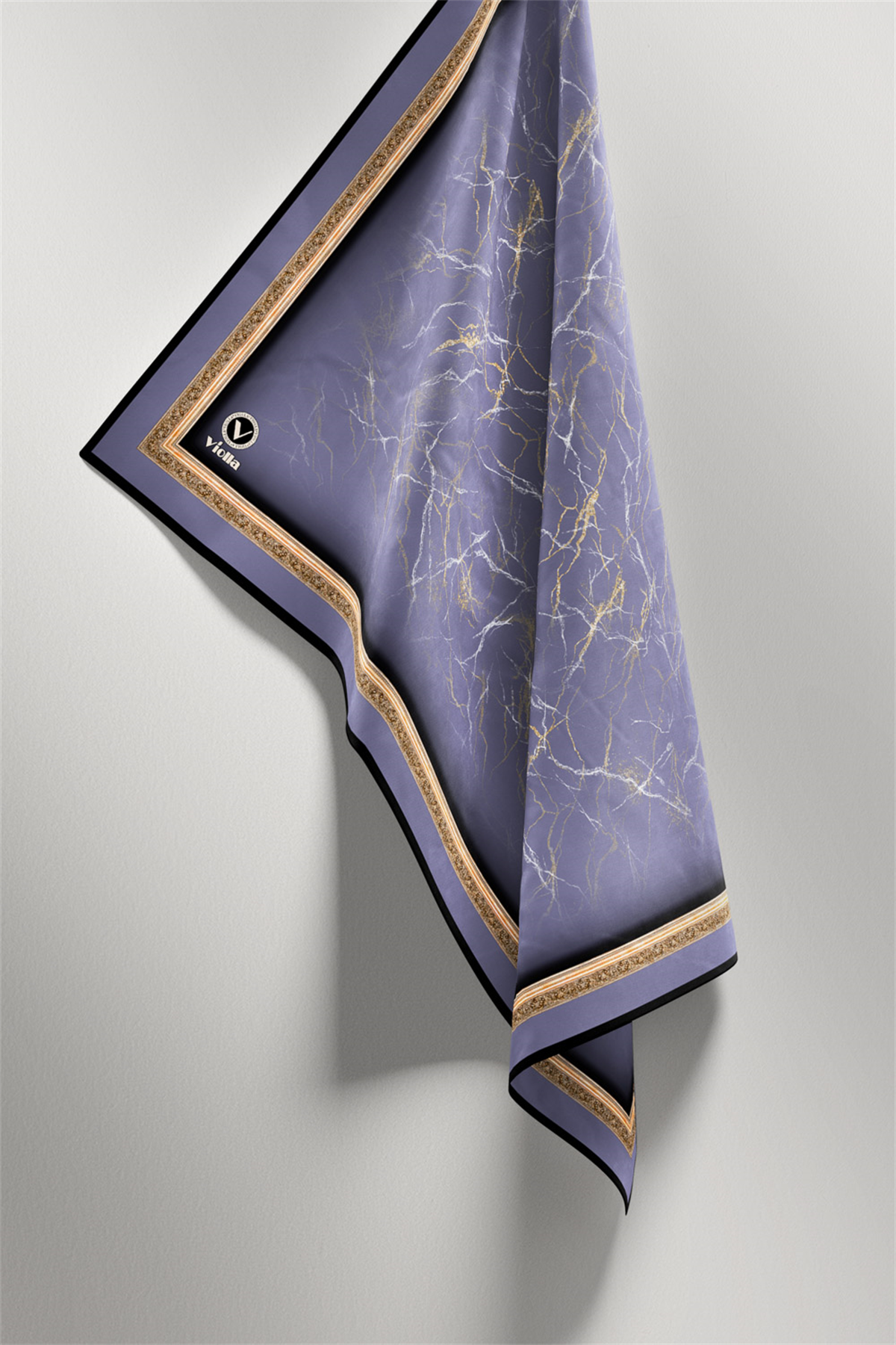 Twill Barok Çerçeveli Mermer Desenli İndigo Renkli 90x90 Eşarp (İpek İçermez) Kenar Dikiş Şekli El Dikişli